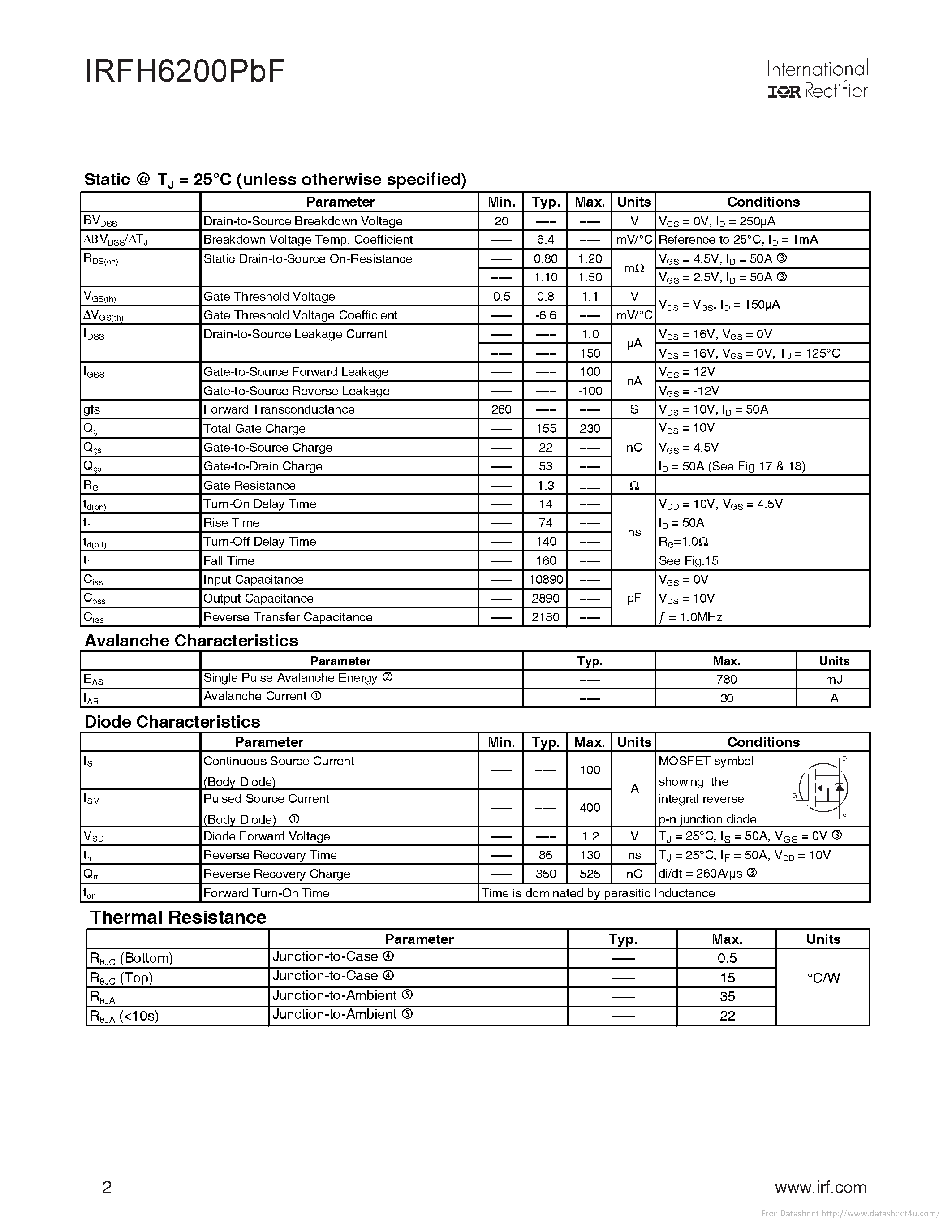 Datasheet IRFH6200PBF - page 2