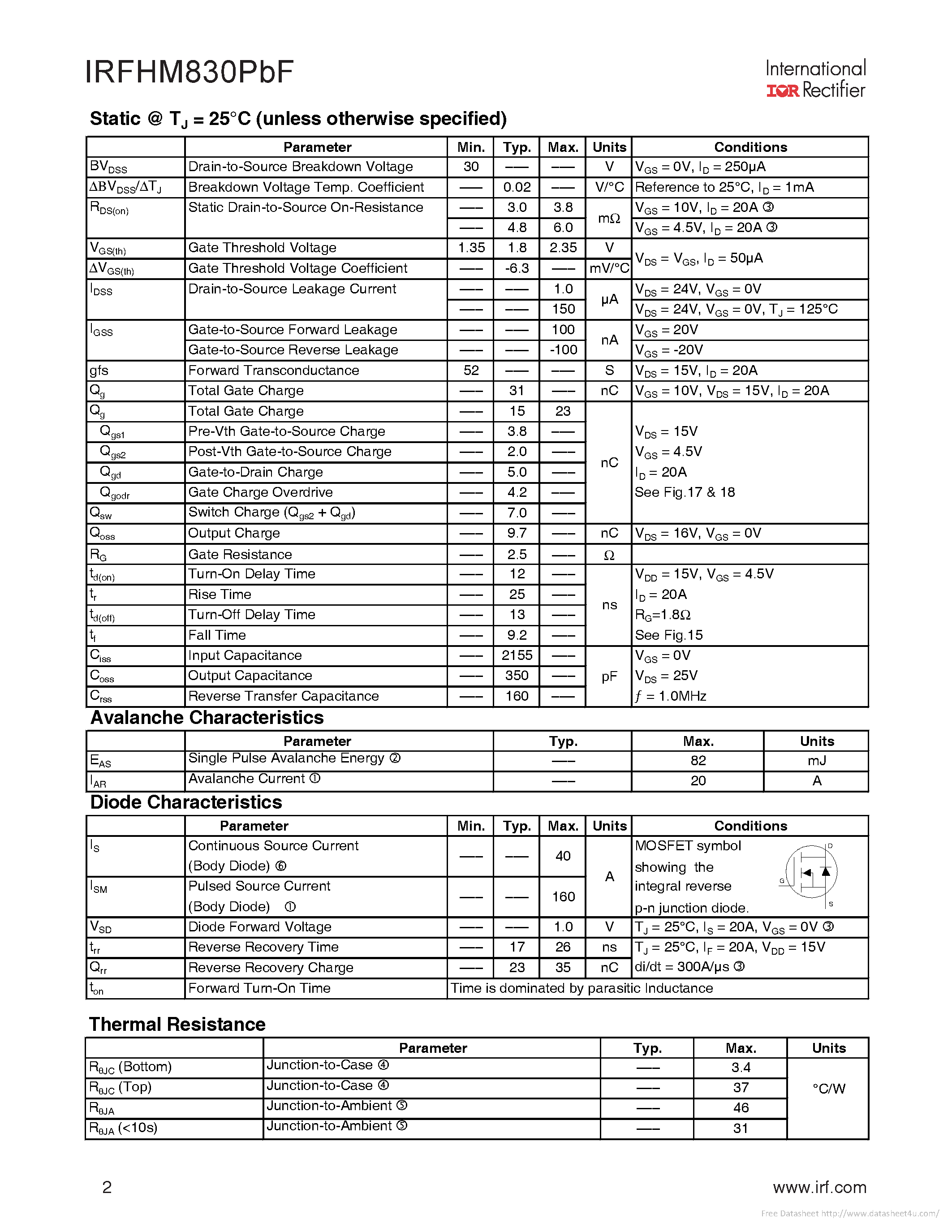 Даташит IRFHM830PBF - страница 2