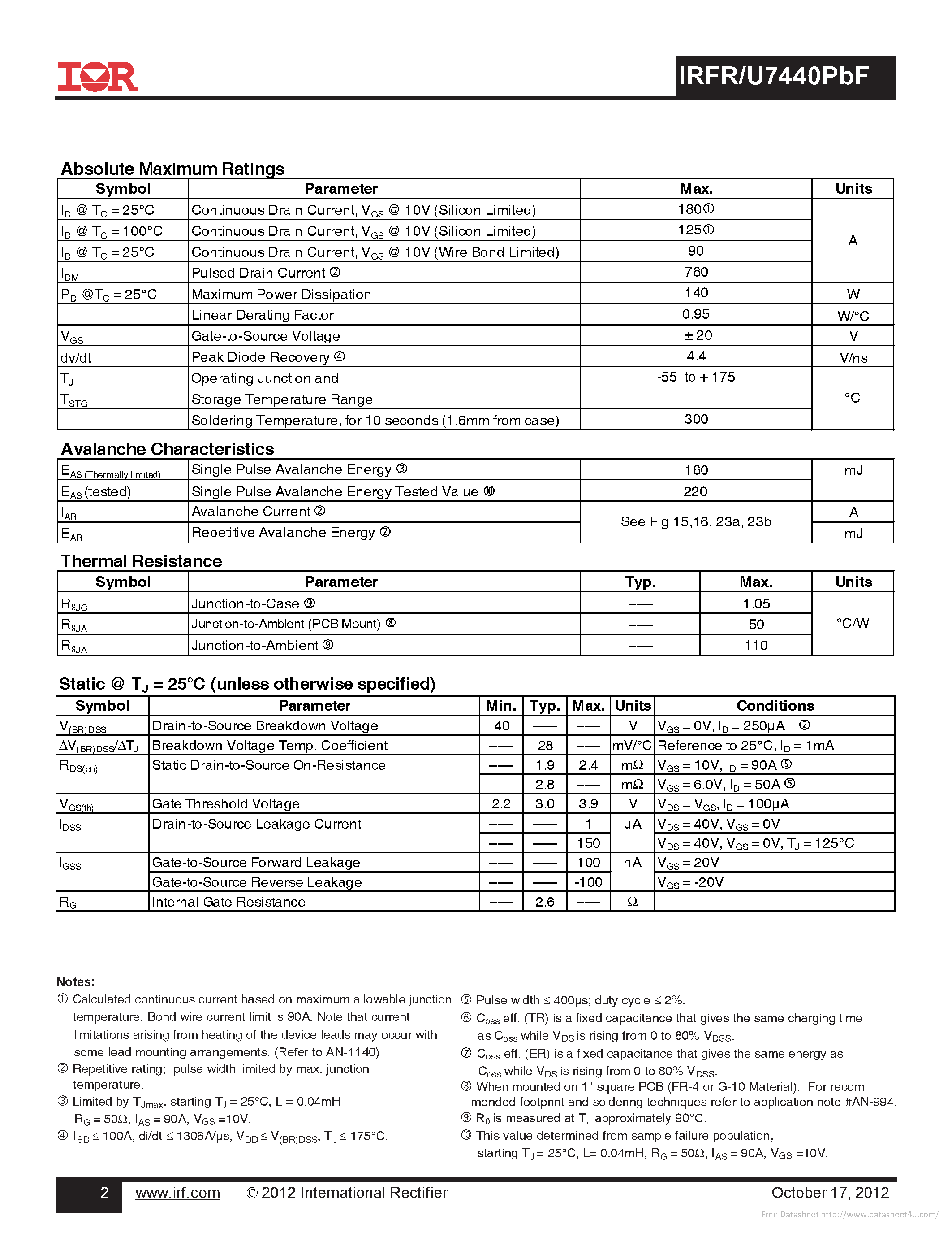 Datasheet IRFR7440PBF - page 2