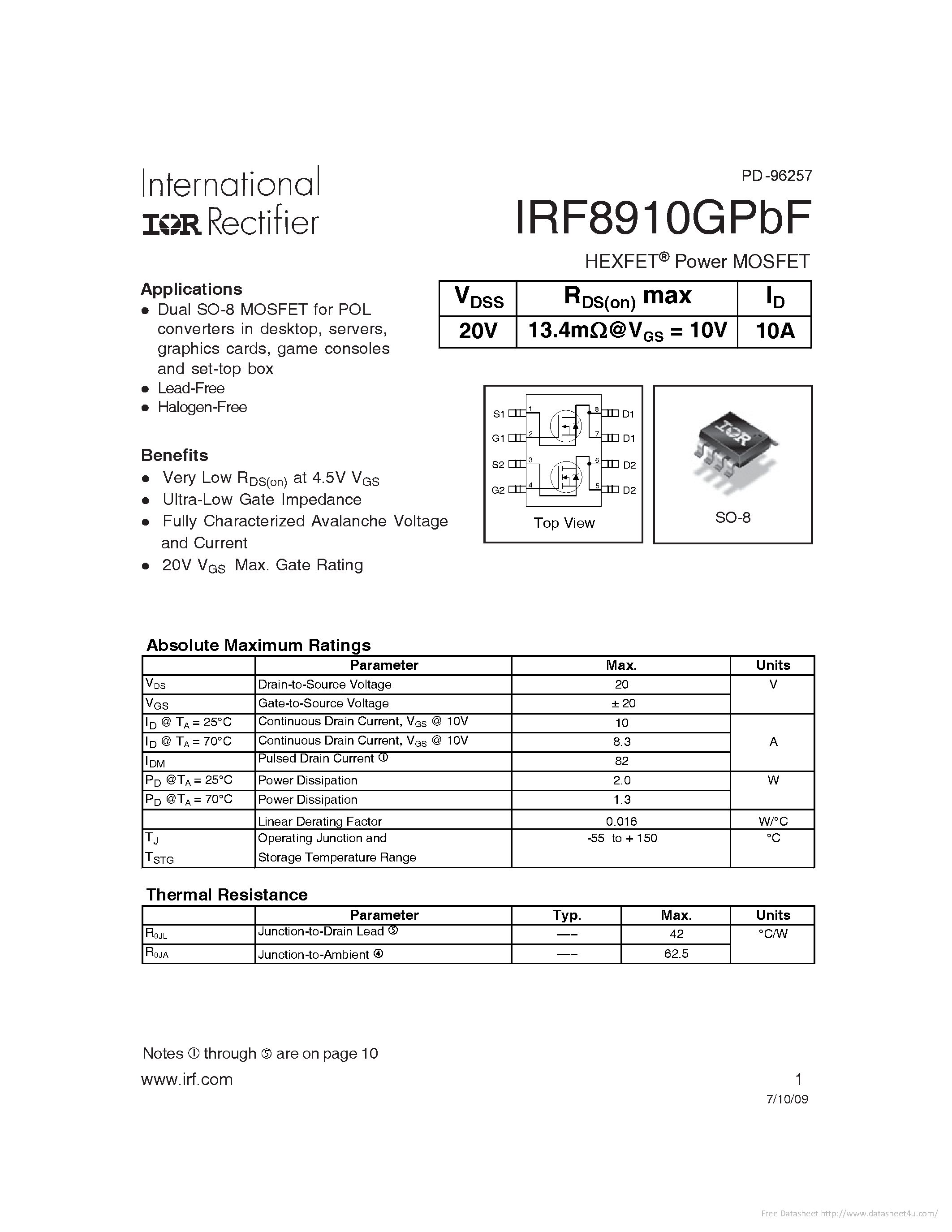 Даташит IRF8910GPBF - страница 1