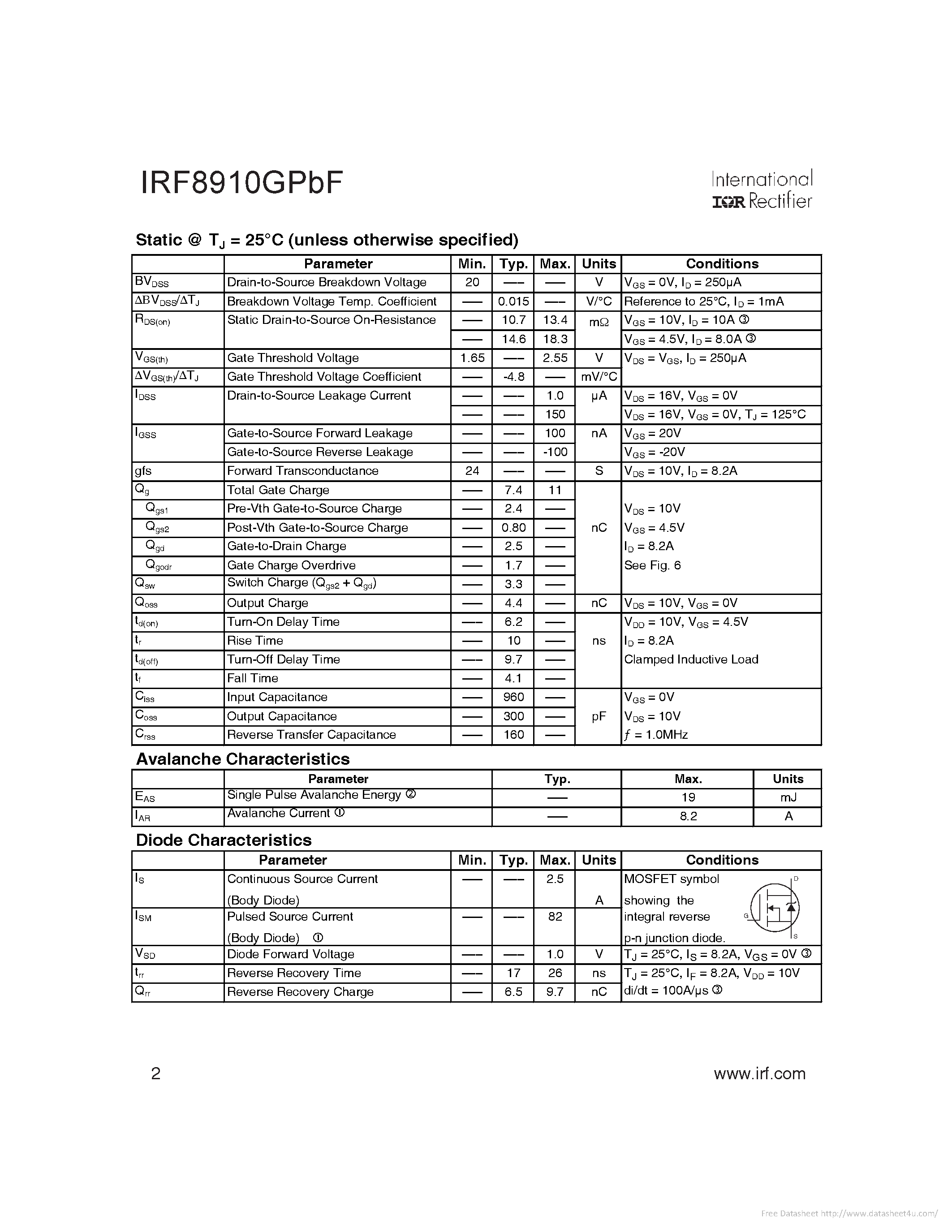 Даташит IRF8910GPBF - страница 2