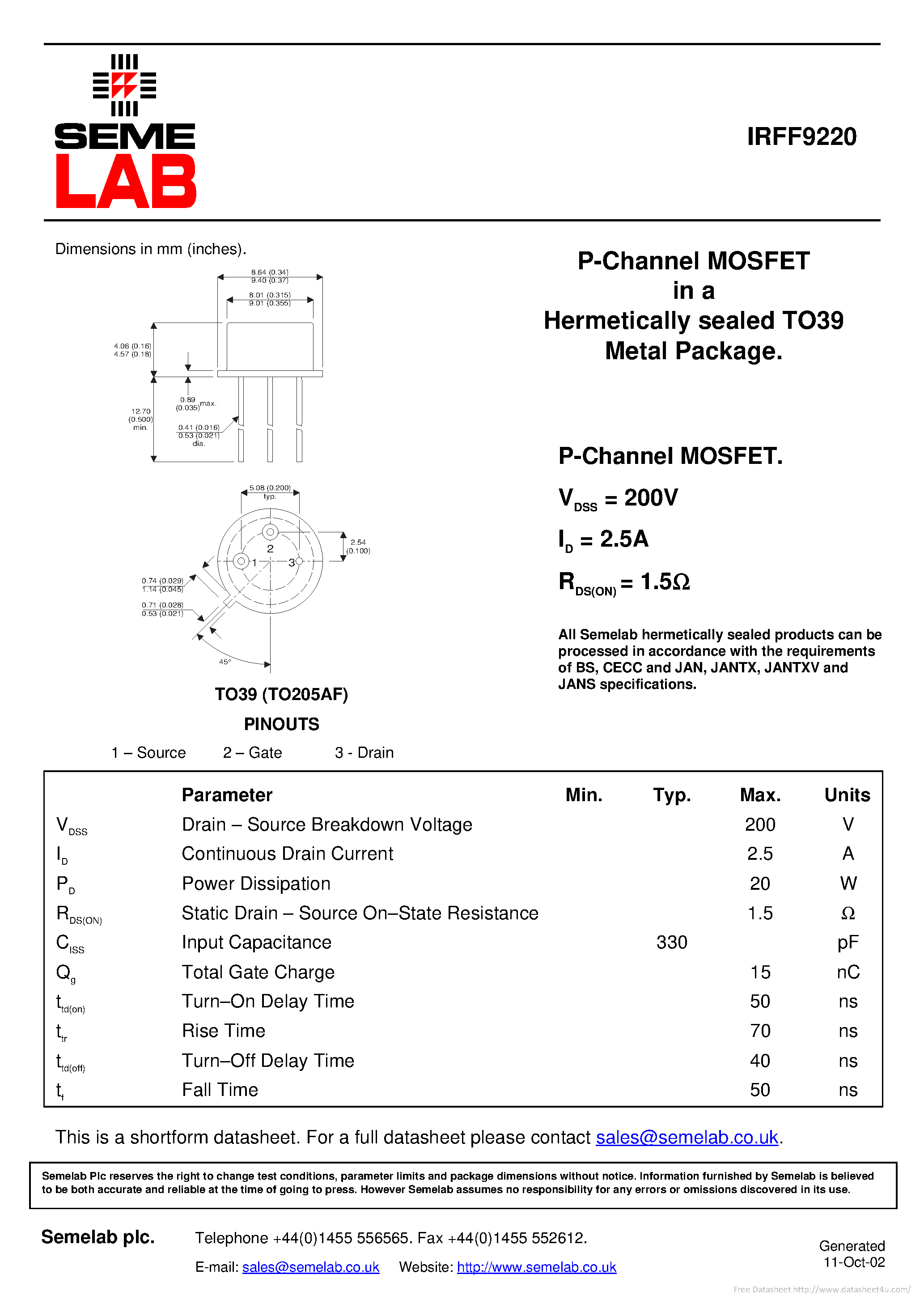 Datasheet IRFF9220 - page 1