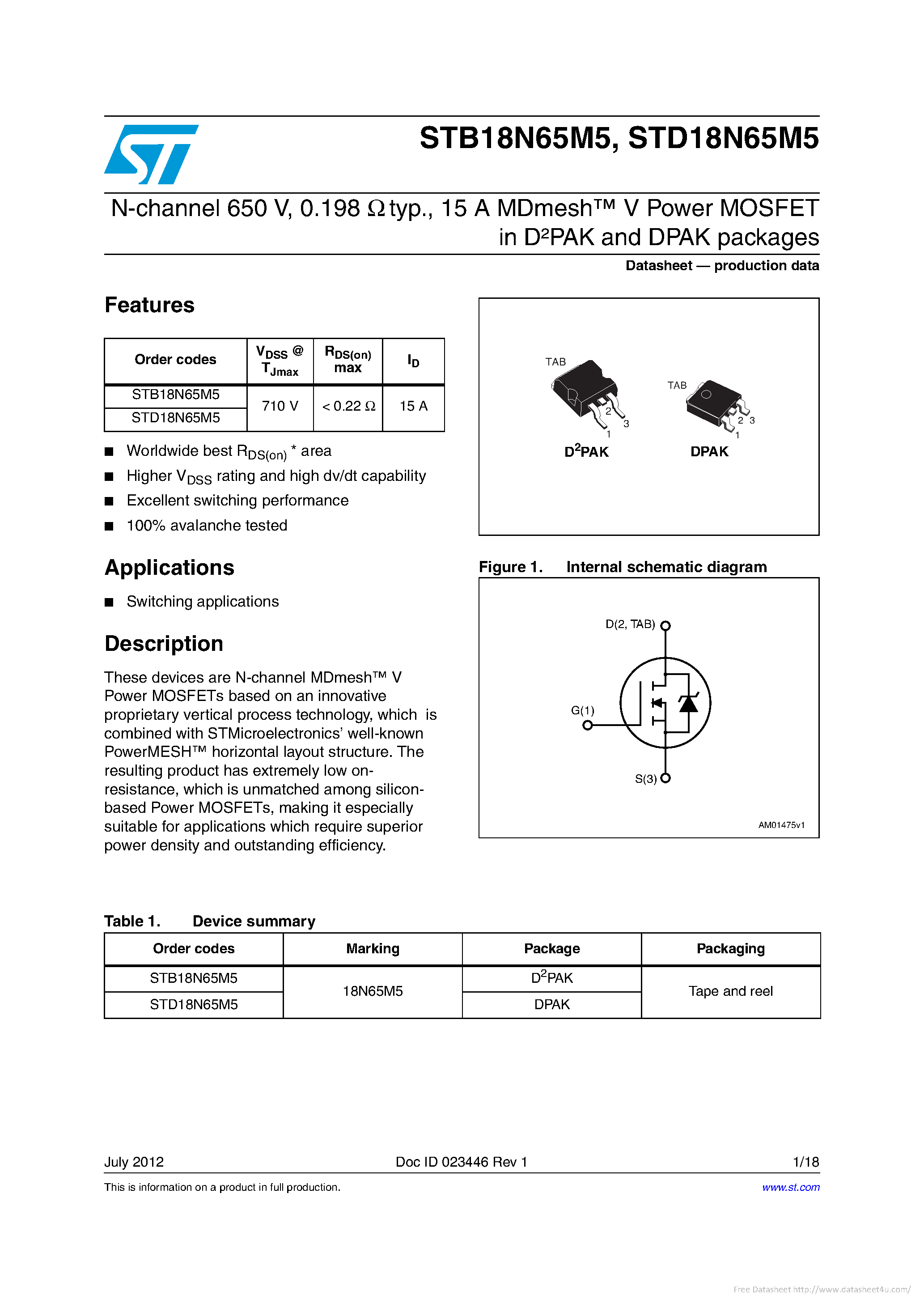 Даташит STD18N65M5 - страница 1