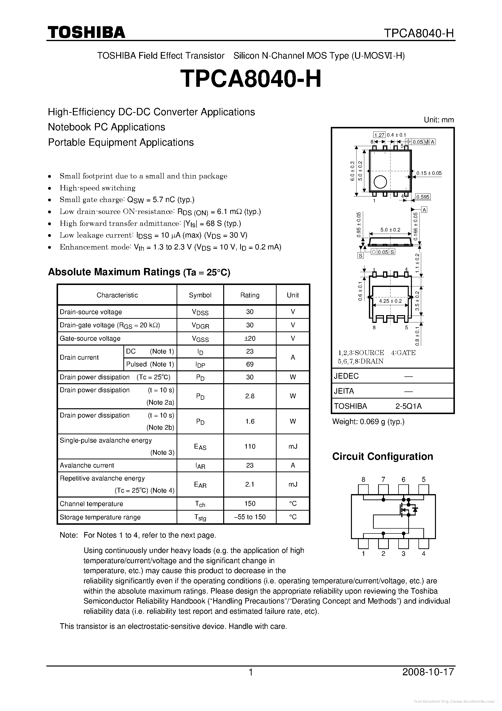 Даташит TPCA8040-H - страница 1