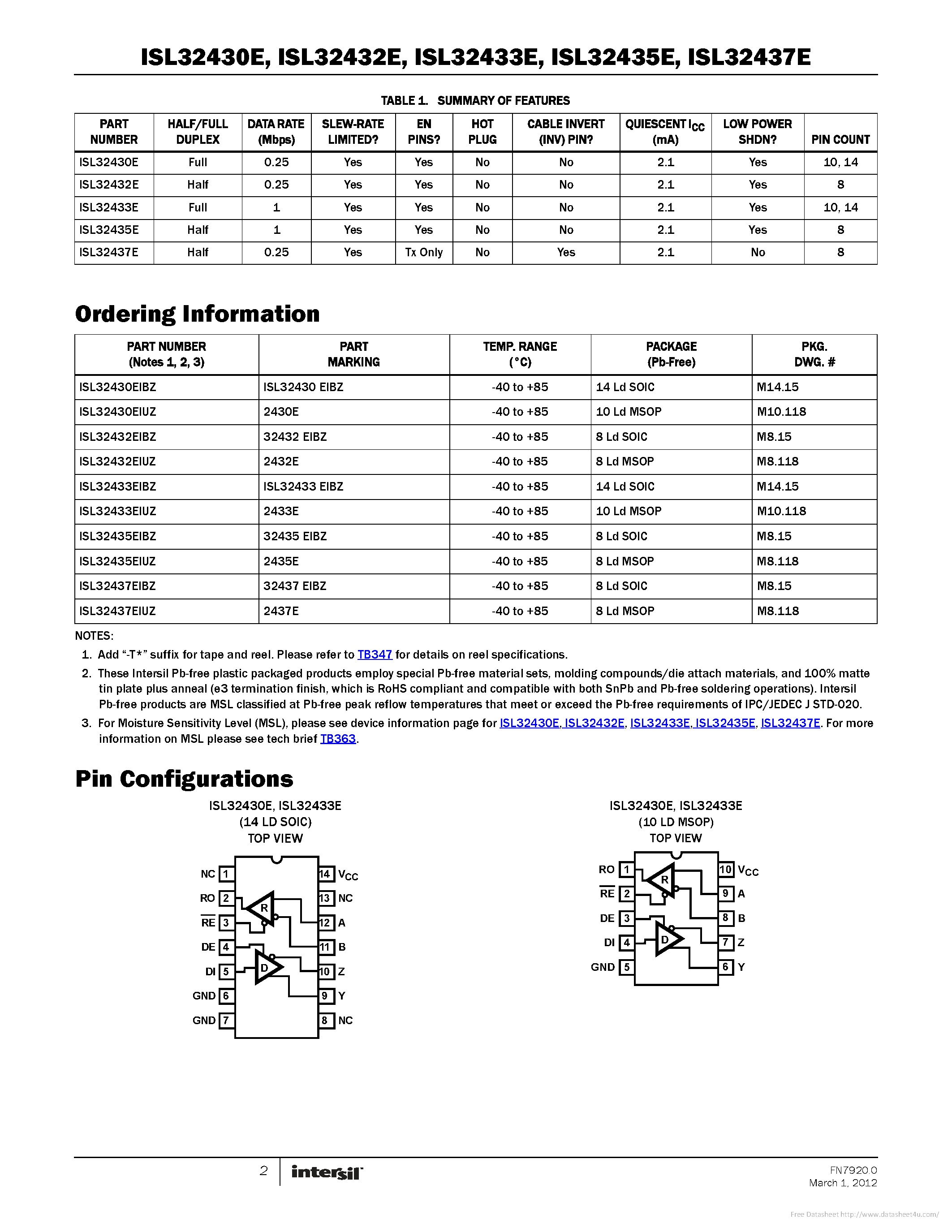 Datasheet ISL32430E - page 2