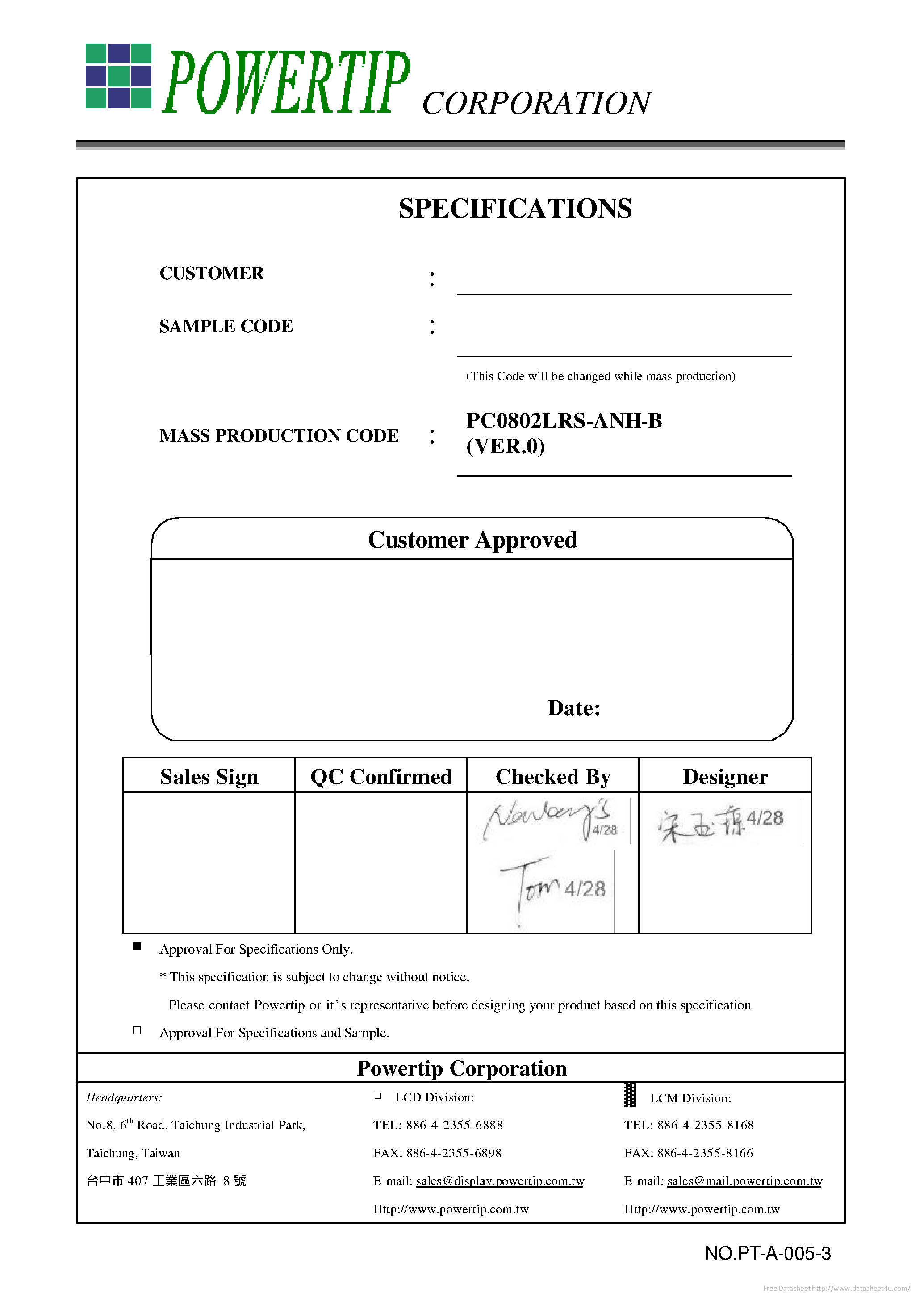 Datasheet PC0802LRS-ANH-B - page 1