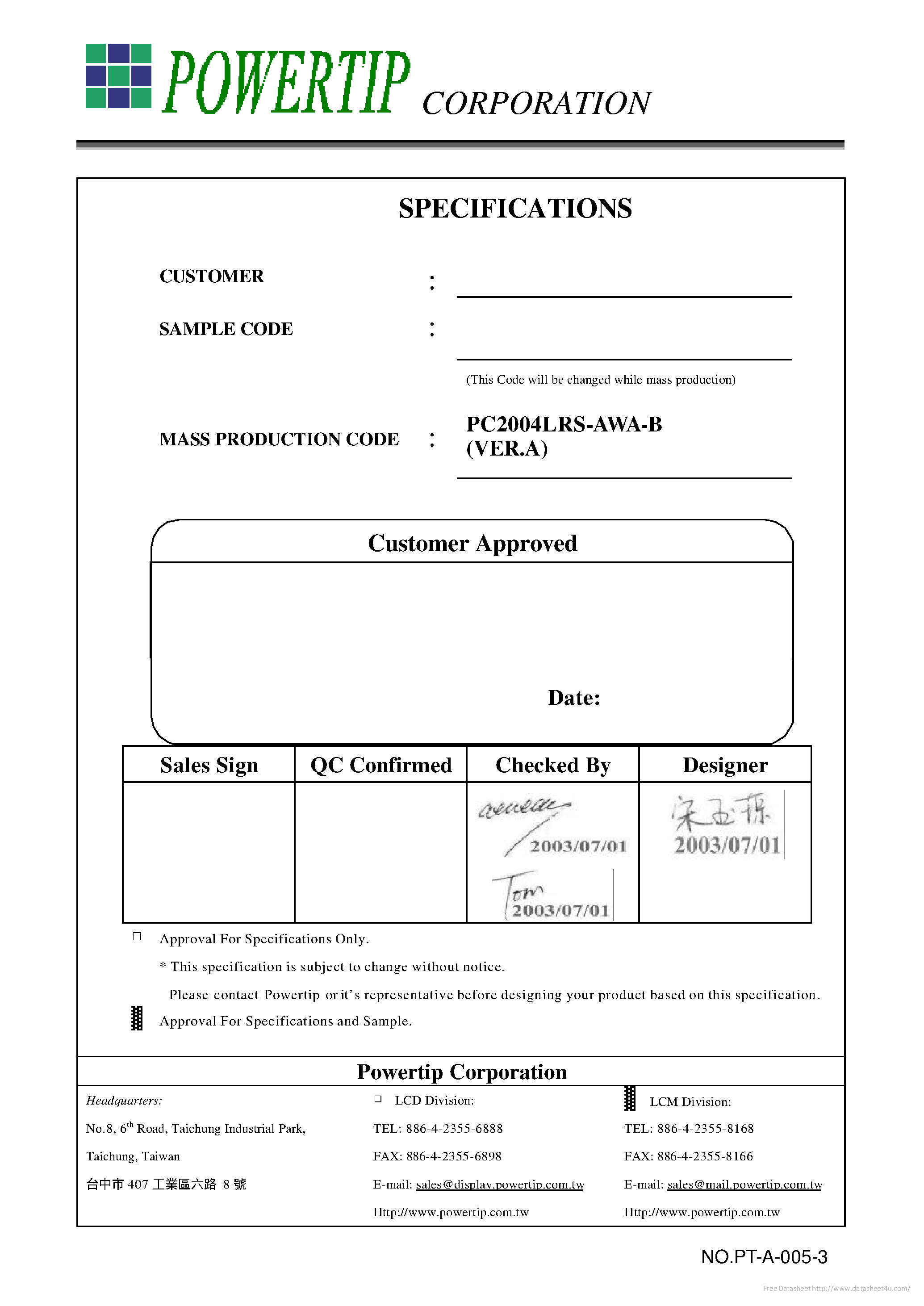 Datasheet PC2004LRS-AWA-B - page 1