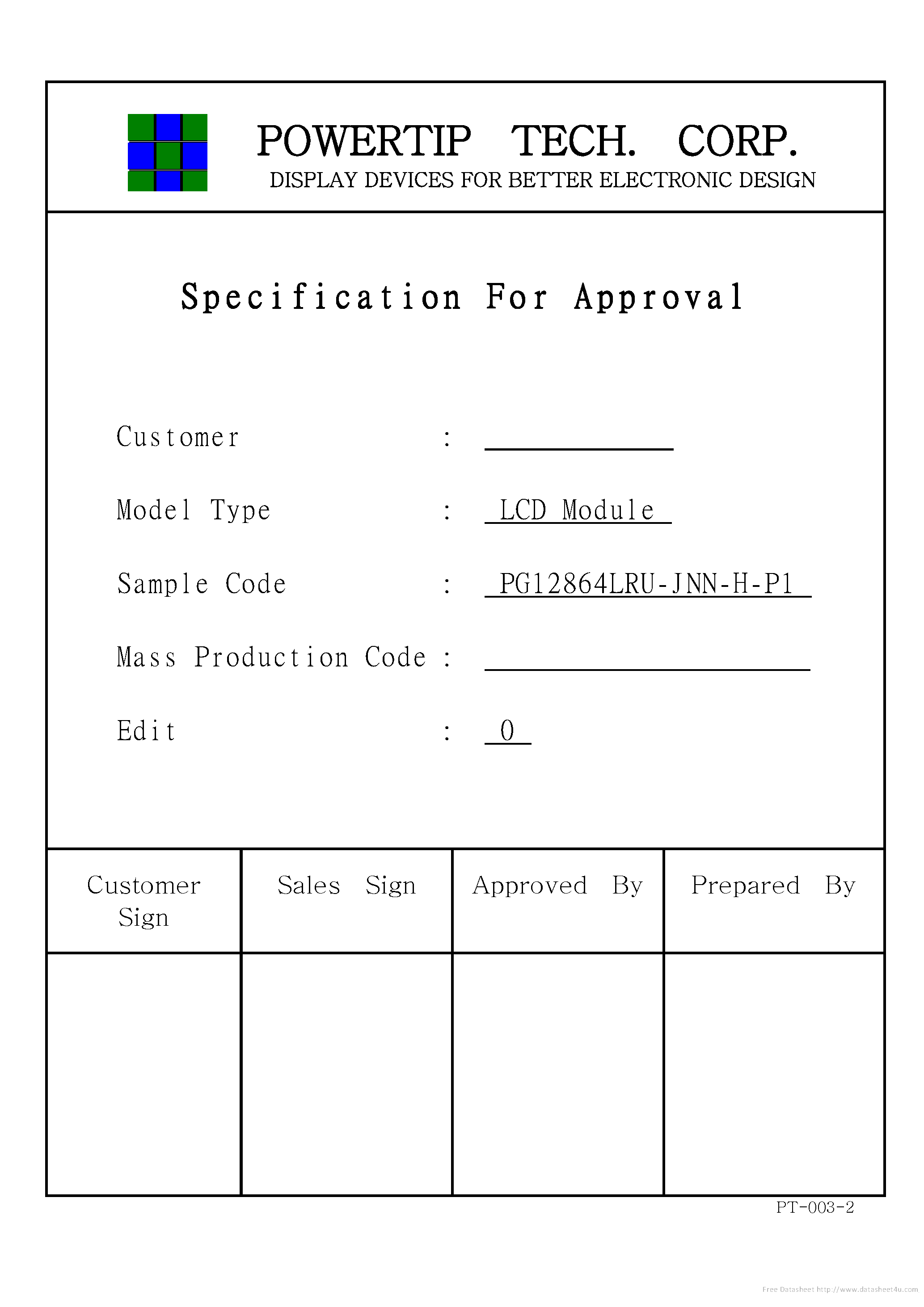 Даташит PG12864LRU-JNN-H-P1 - страница 1