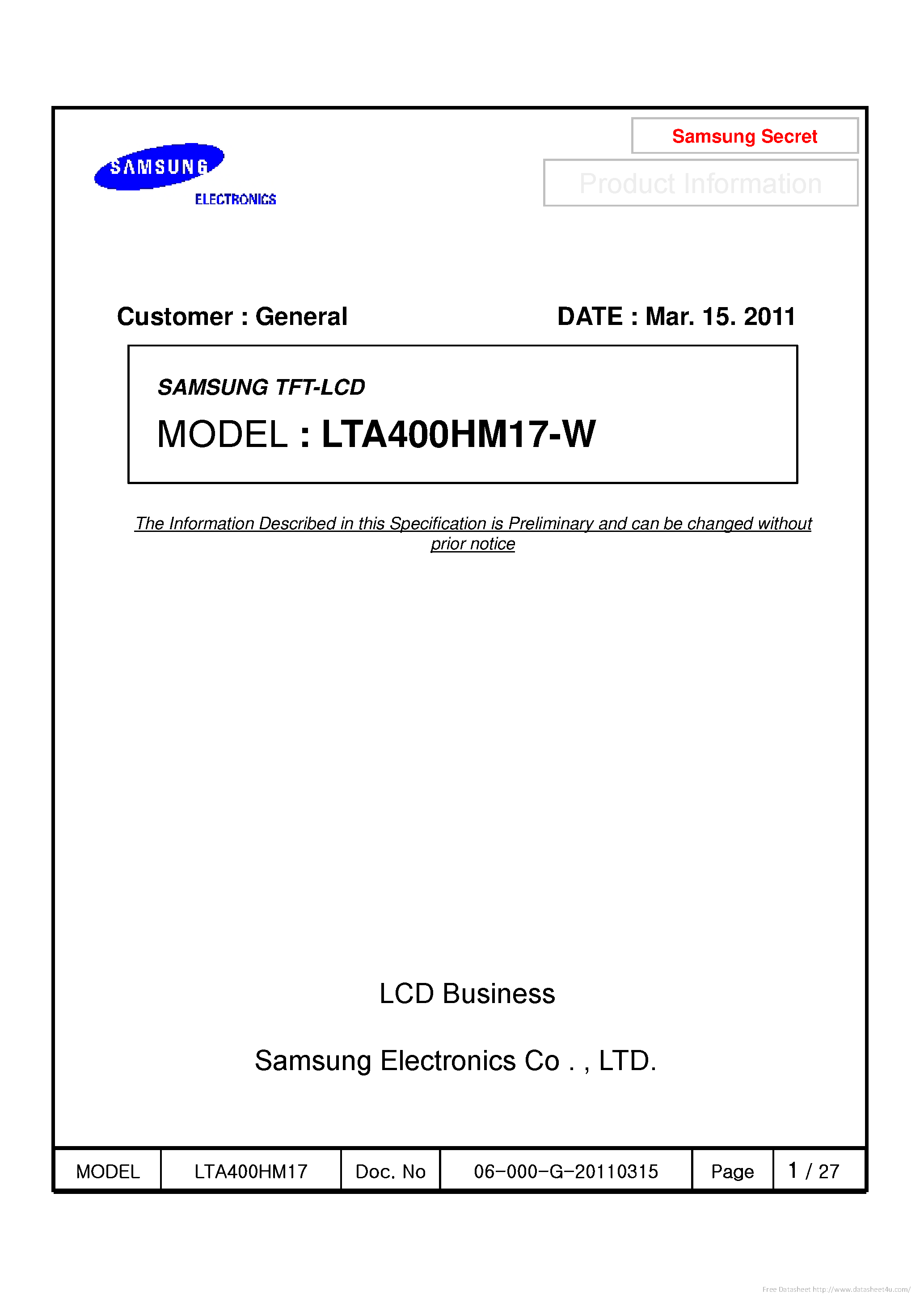 Даташит LTA400HM17-W - страница 1