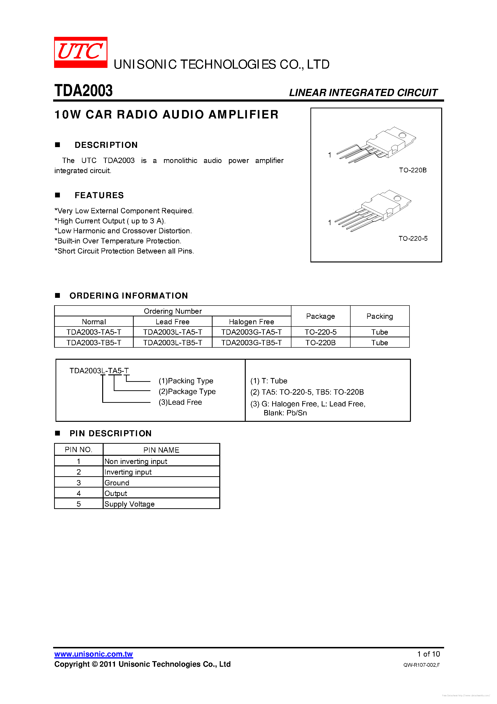 Даташит TDA2003 - страница 1