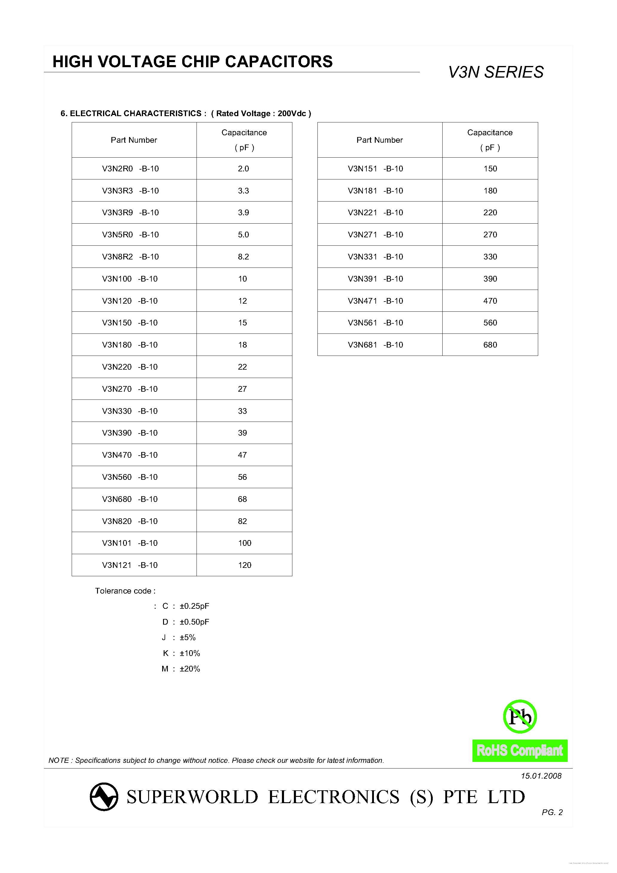 Datasheet V3N100-B-10 - page 2