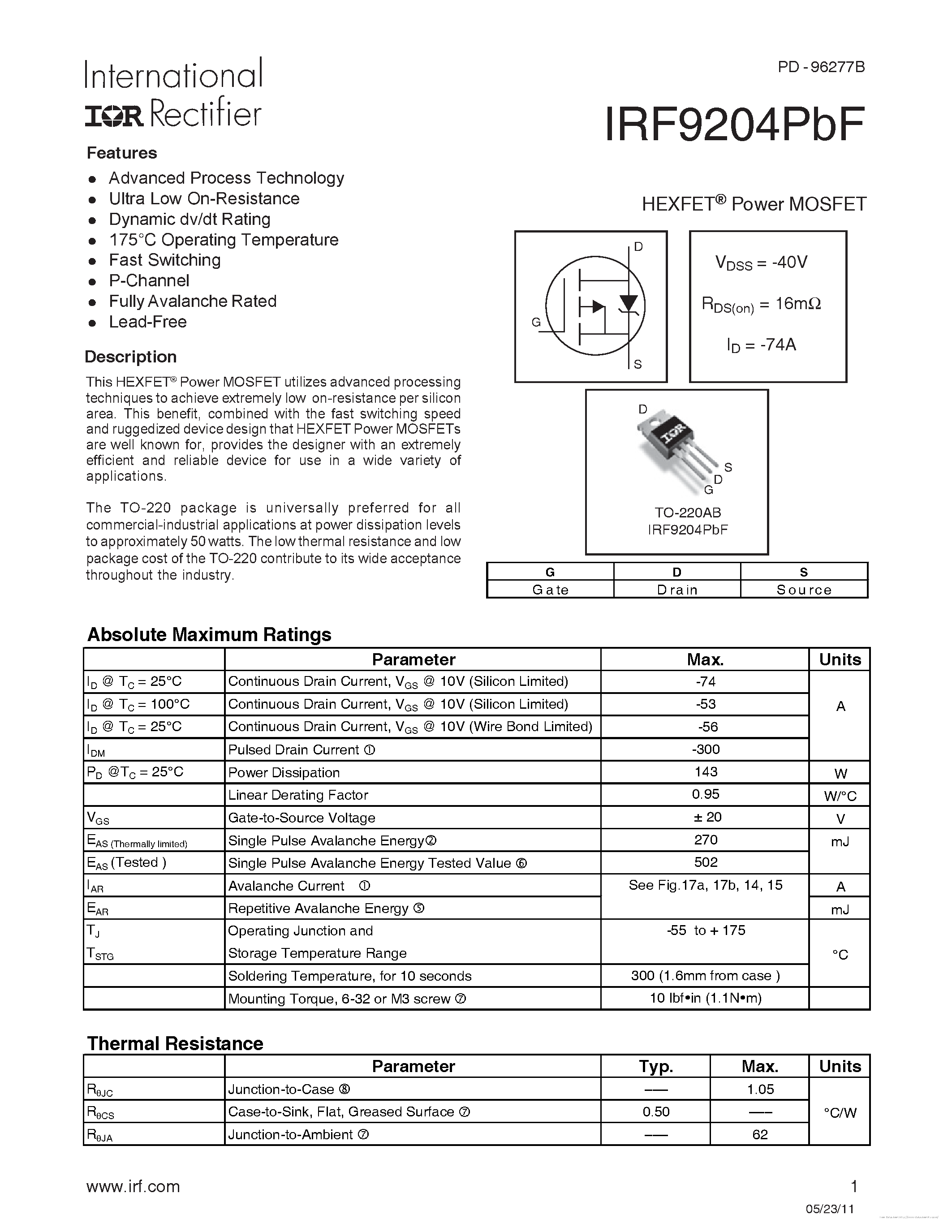 Даташит IRF9204PBF - страница 1