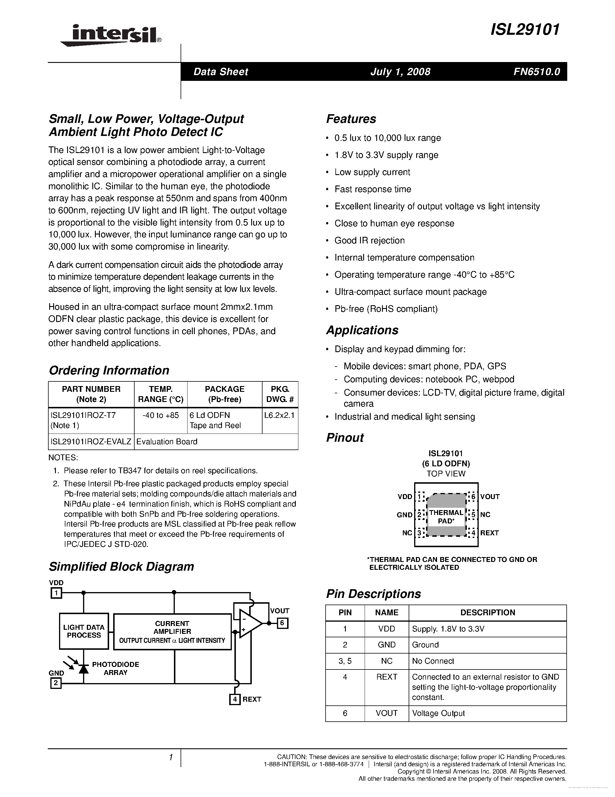 Datasheet ISL29101 - page 1