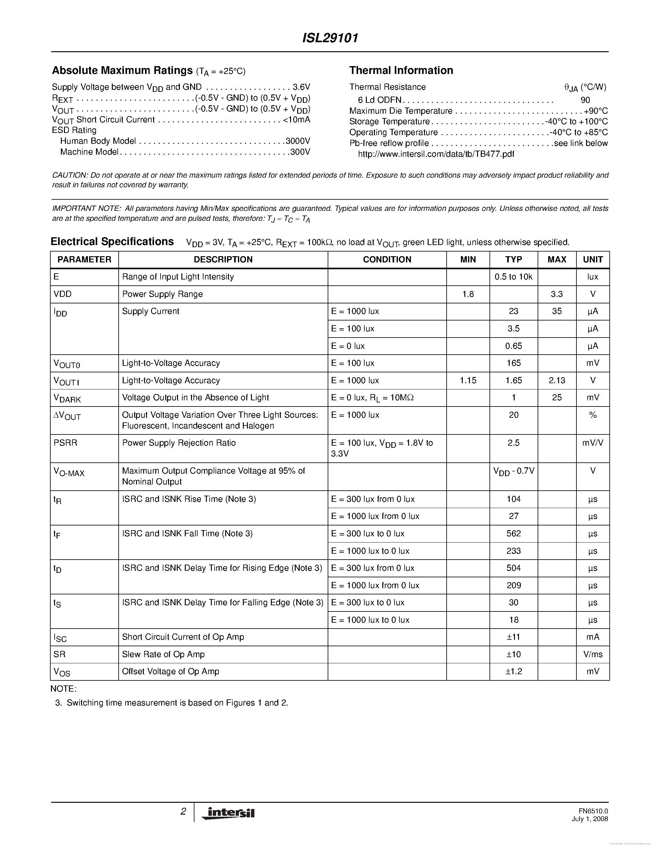 Datasheet ISL29101 - page 2