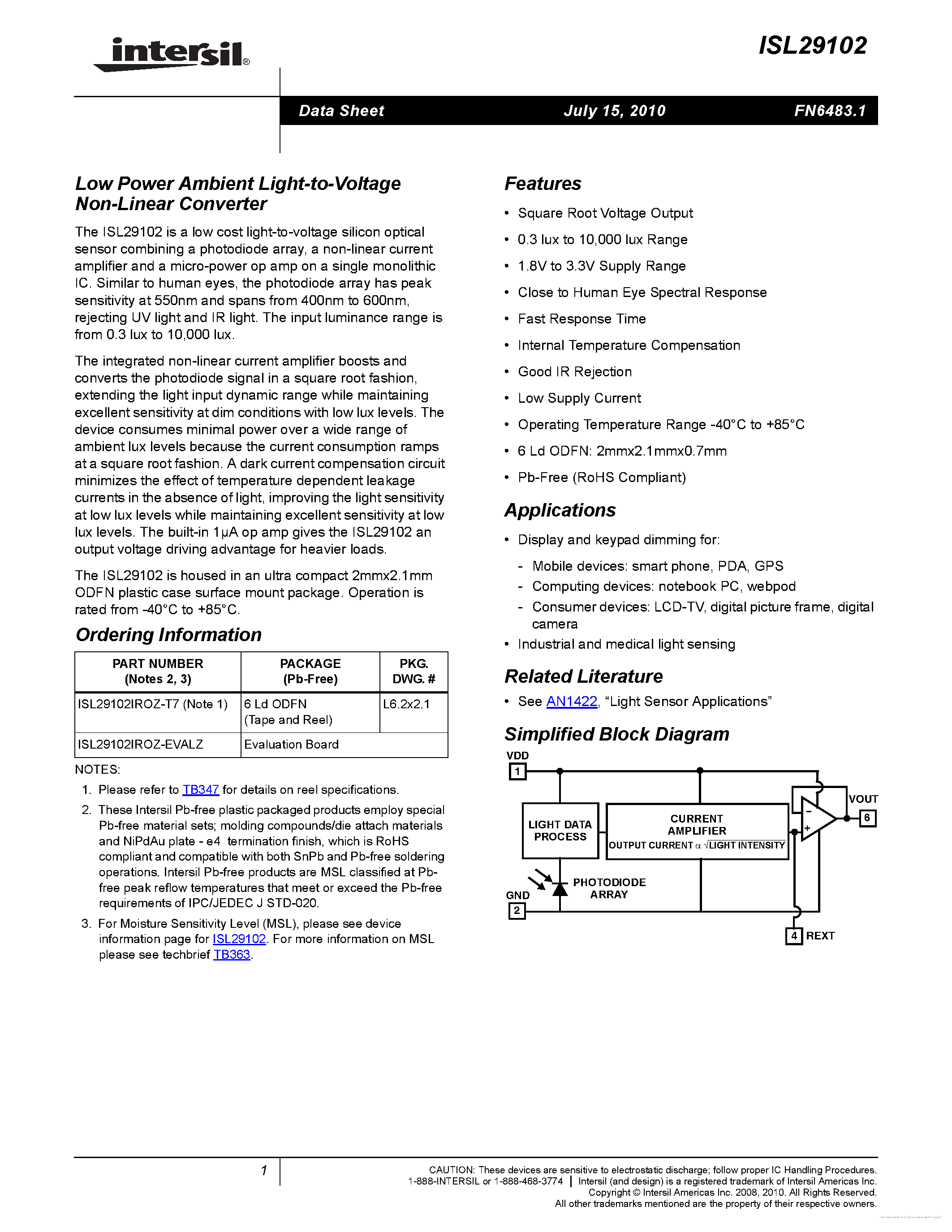 Datasheet ISL29102 - page 1