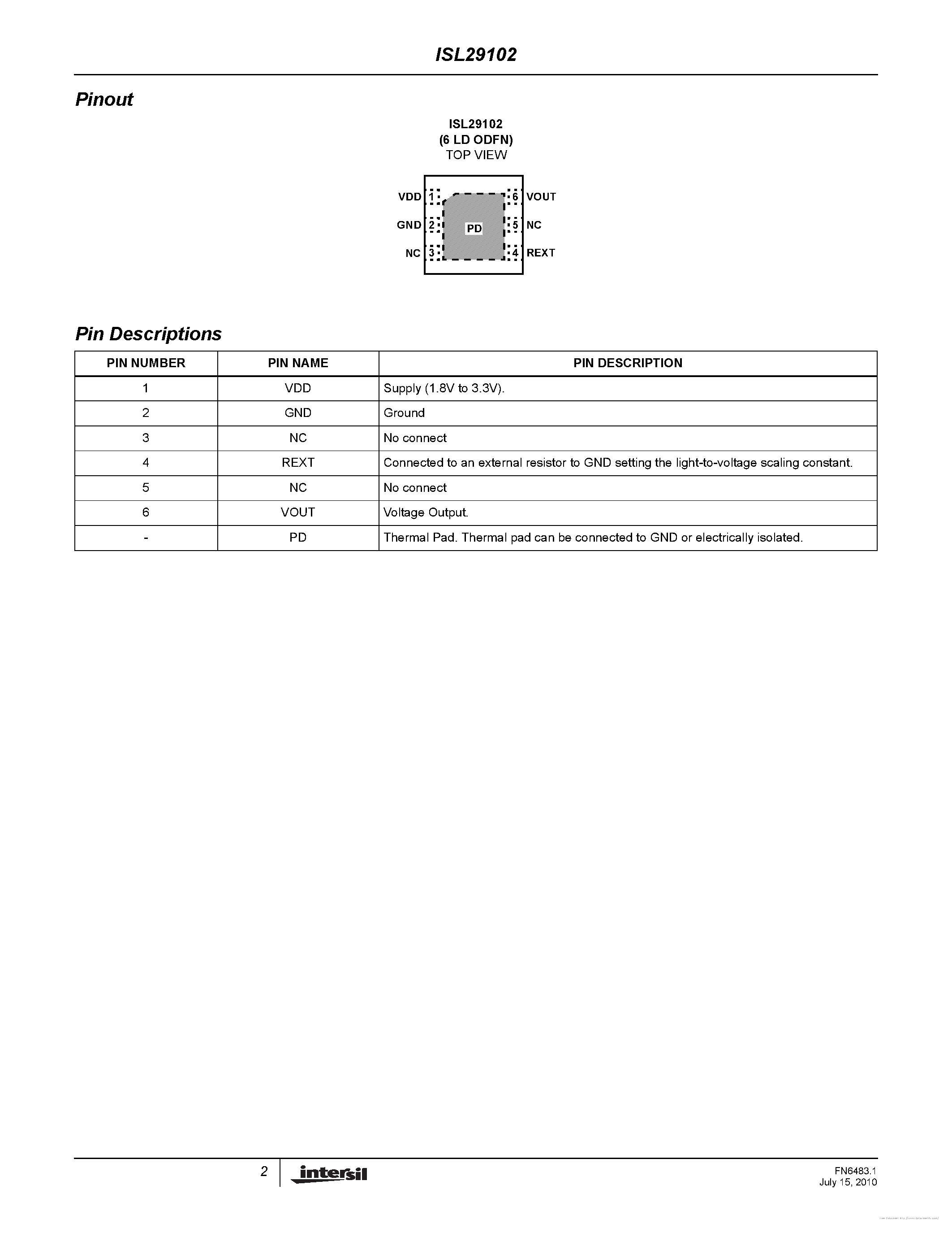 Datasheet ISL29102 - page 2