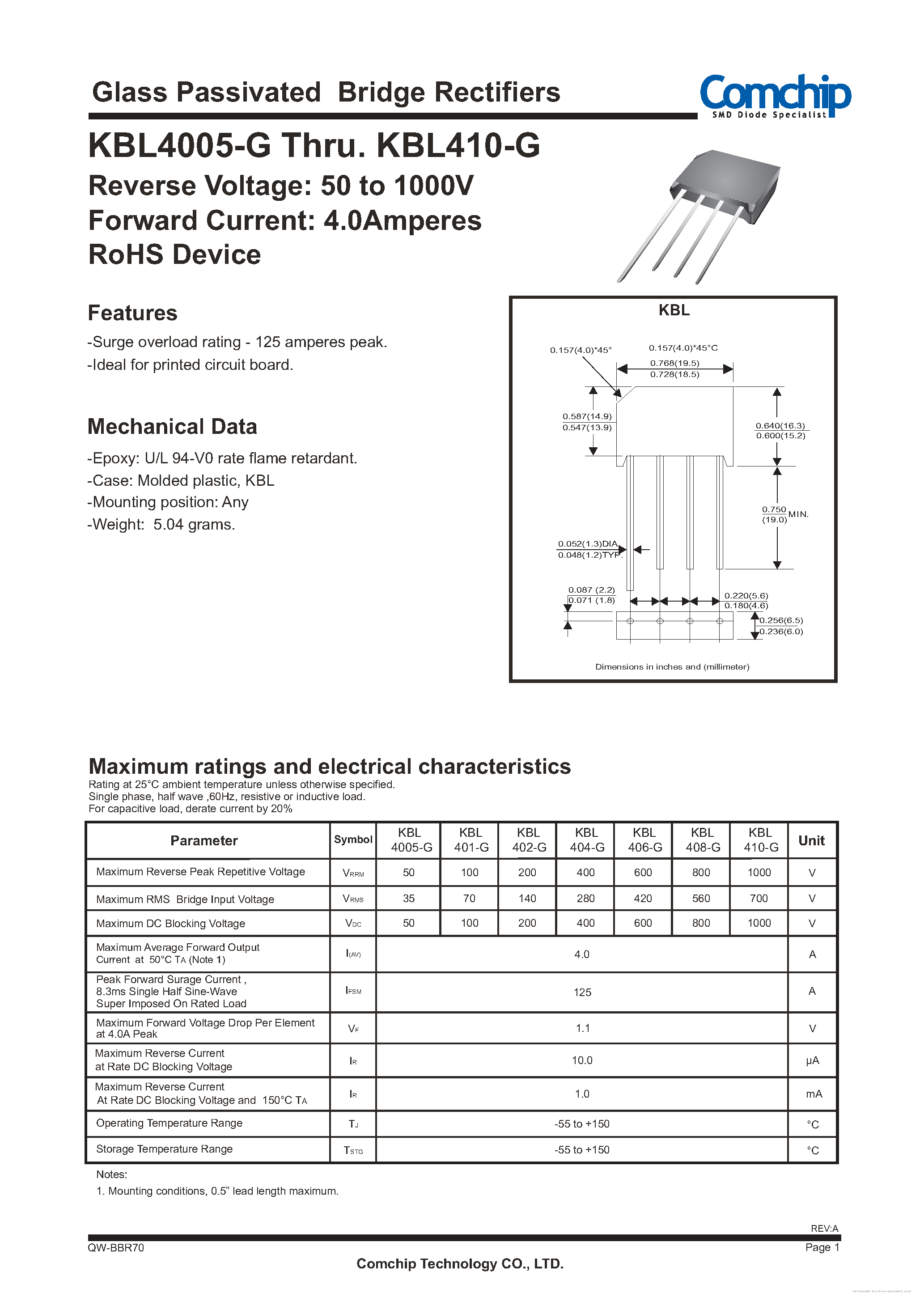 Datasheet KBL4005G-G - page 1