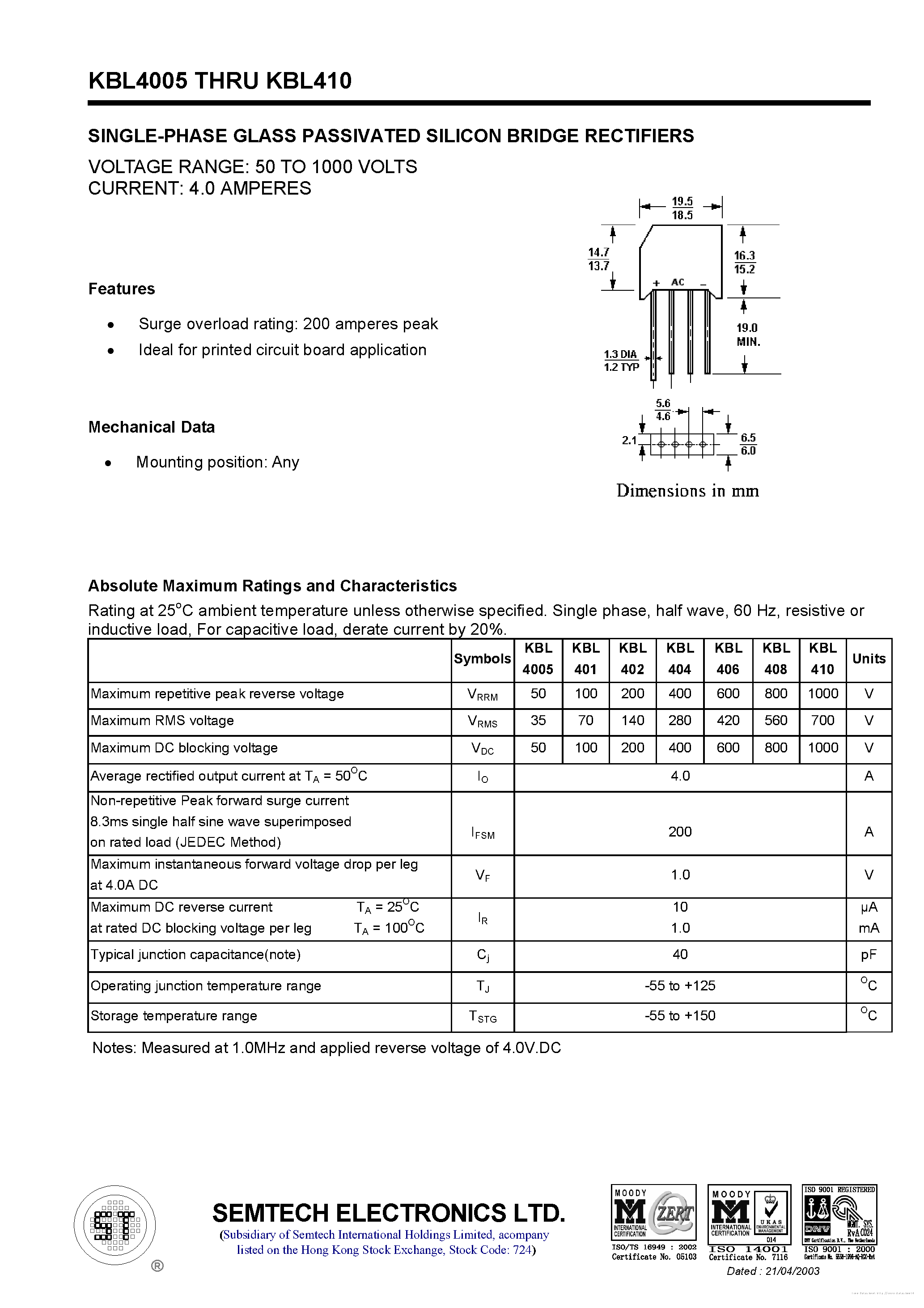 Datasheet KBL4005 - page 1