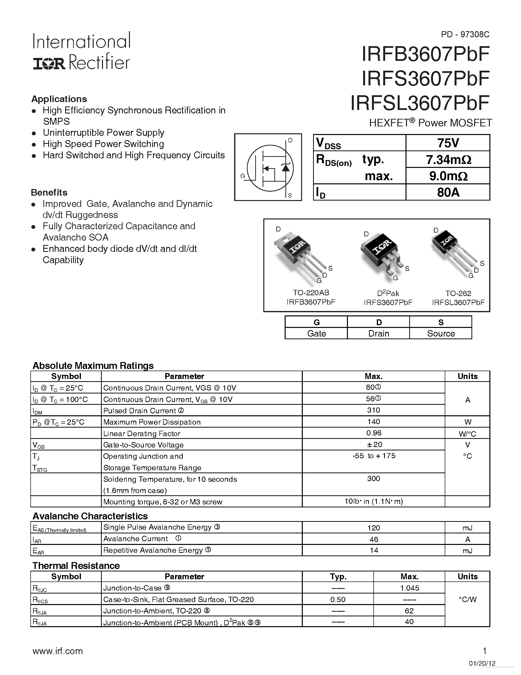 Datasheet IRFB3607PBF - page 1