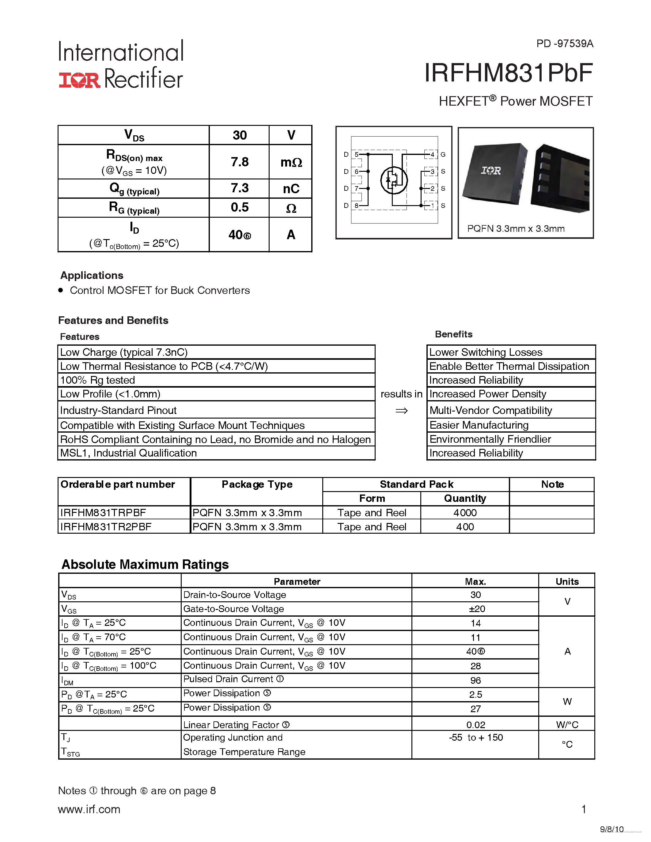 Datasheet IRFHM831PBF - page 1