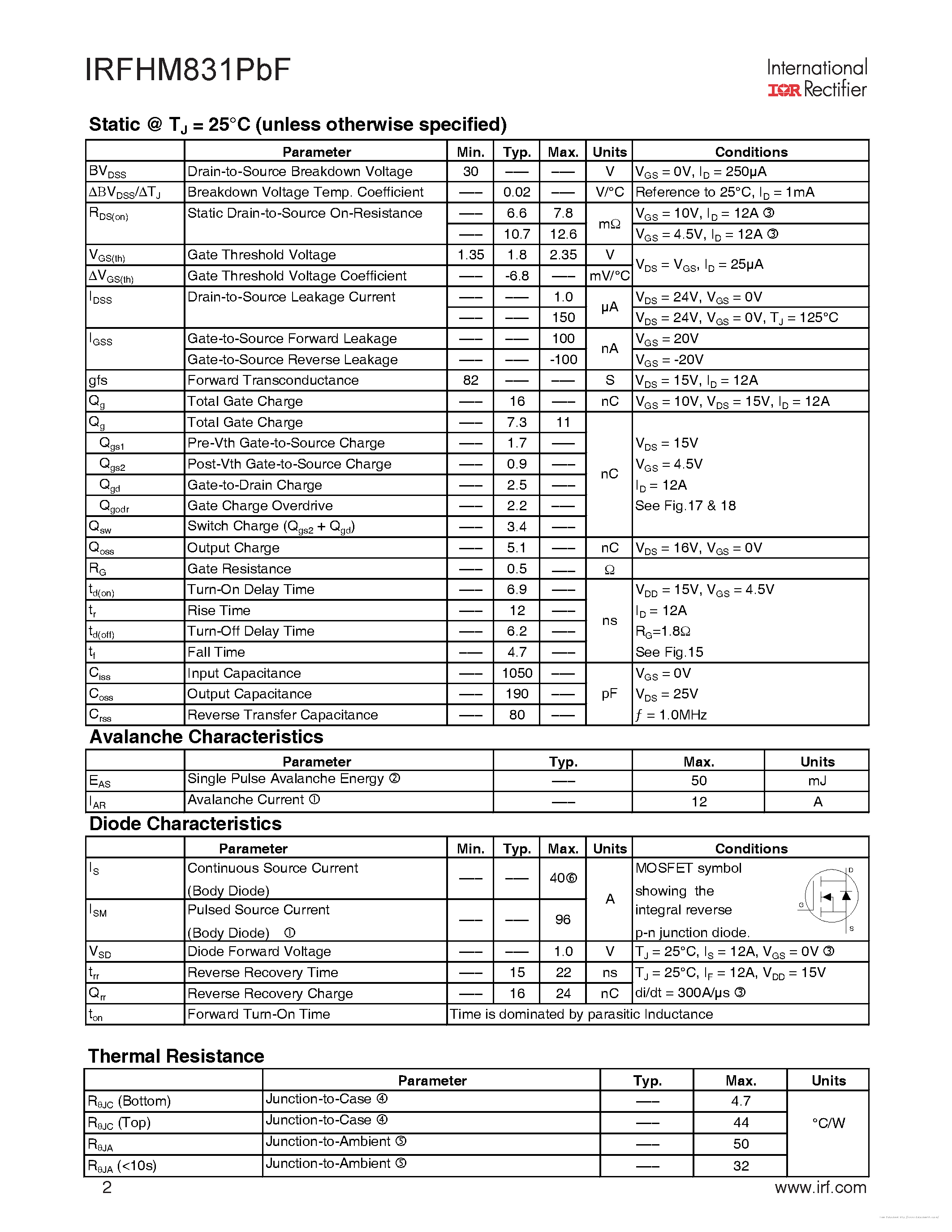 Datasheet IRFHM831PBF - page 2