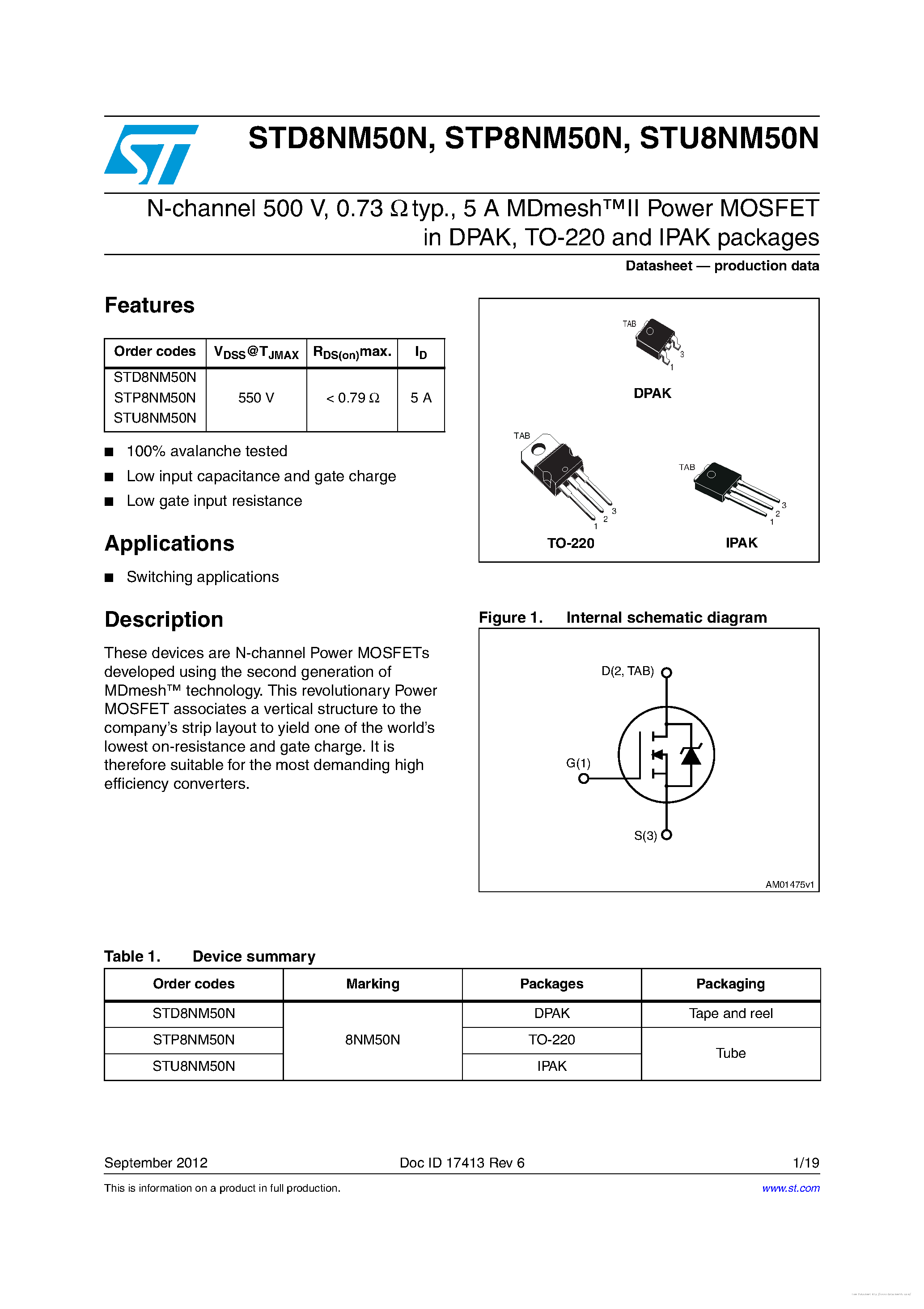 Даташит STU8NM50N - страница 1