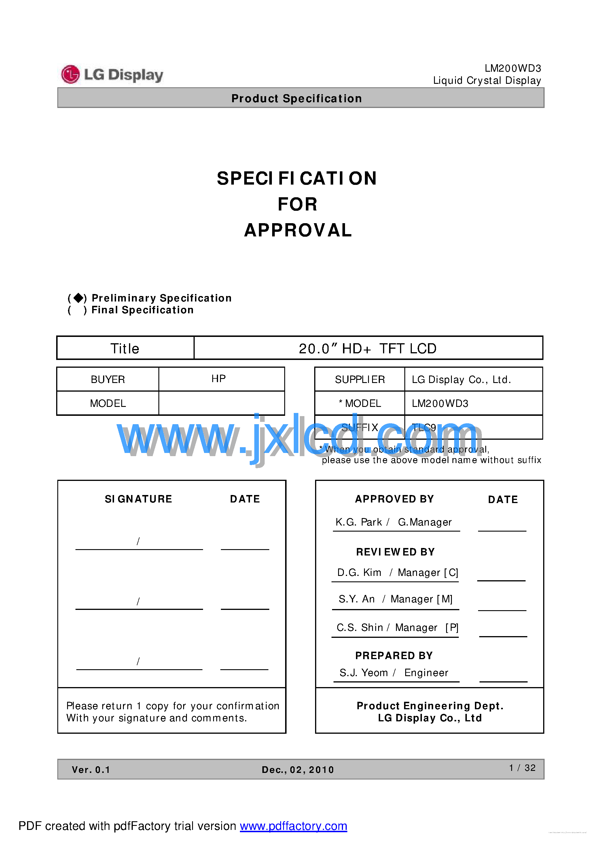 Datasheet LM200WD3-TLC9 - page 1