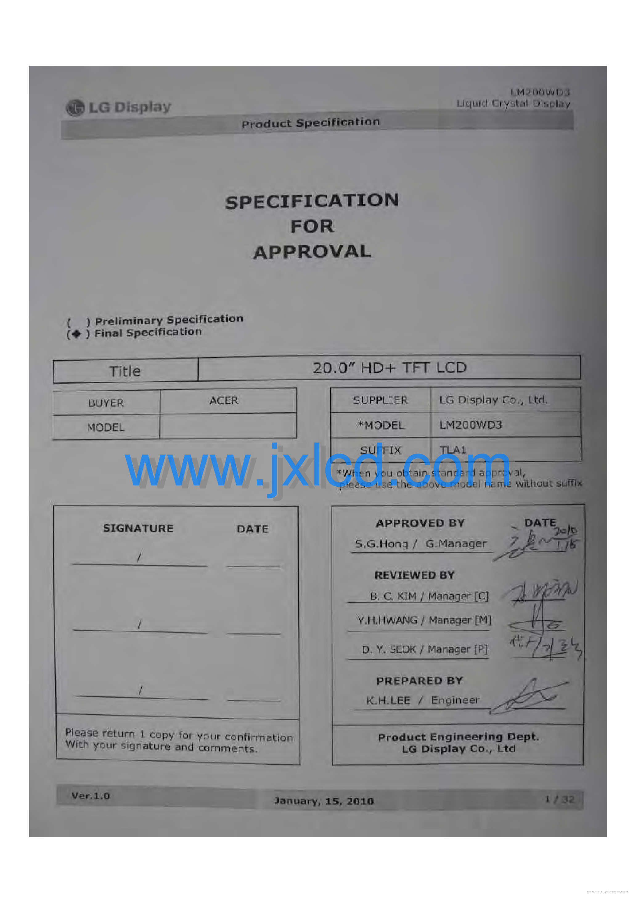 Datasheet LM200WD3-TLA1 - page 1