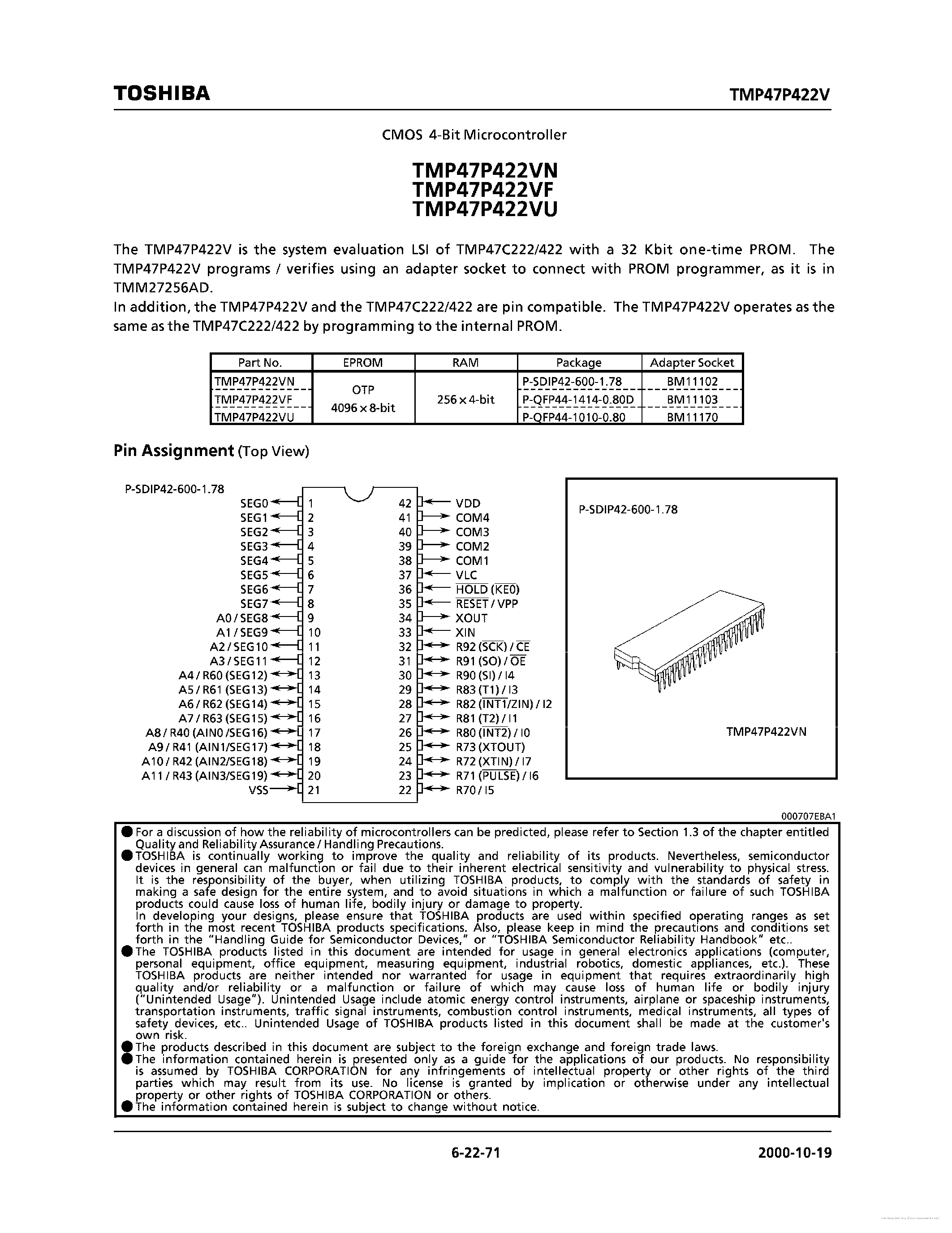 Даташит TMP47P422V - страница 1