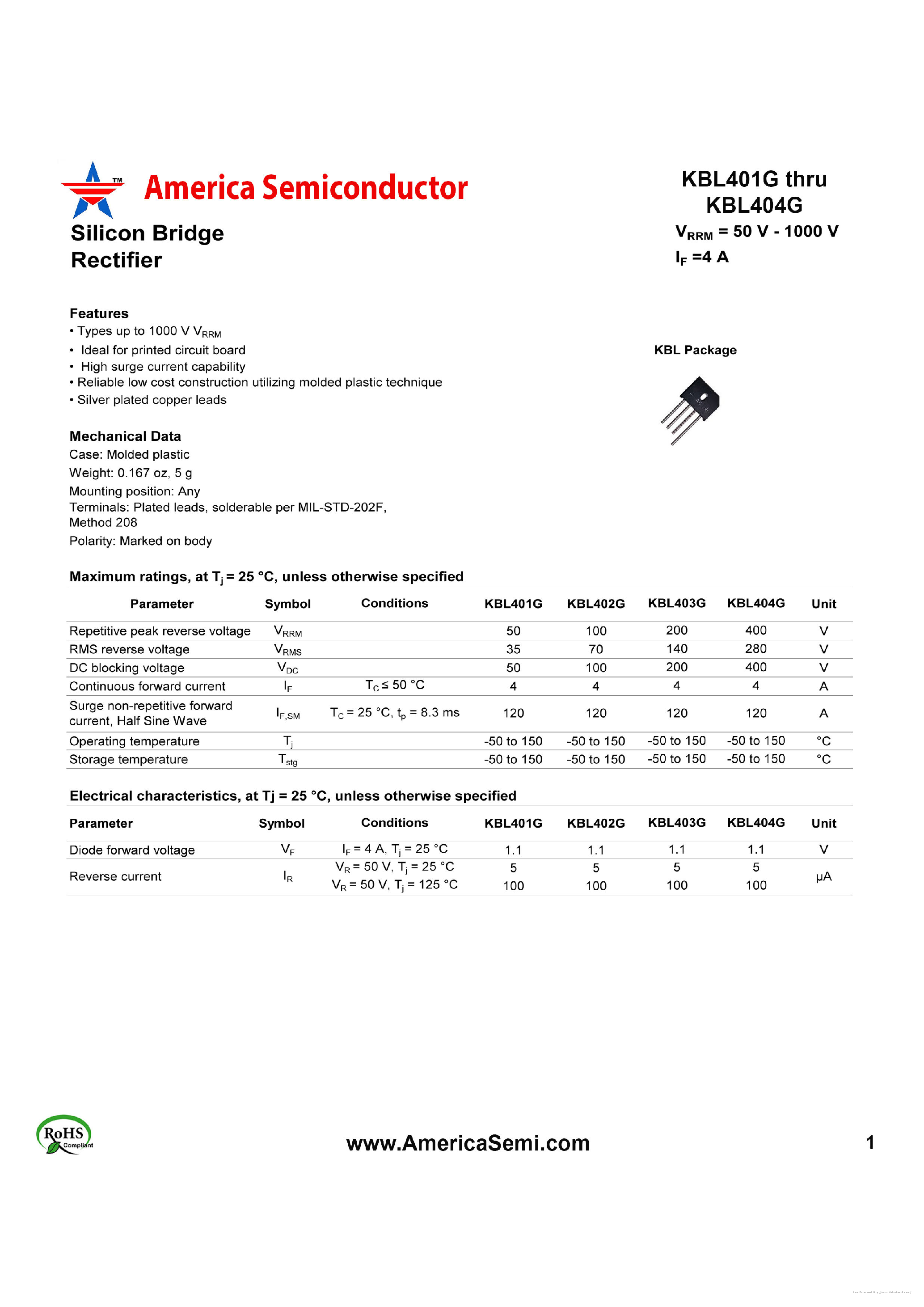 Datasheet KBL401G - page 1