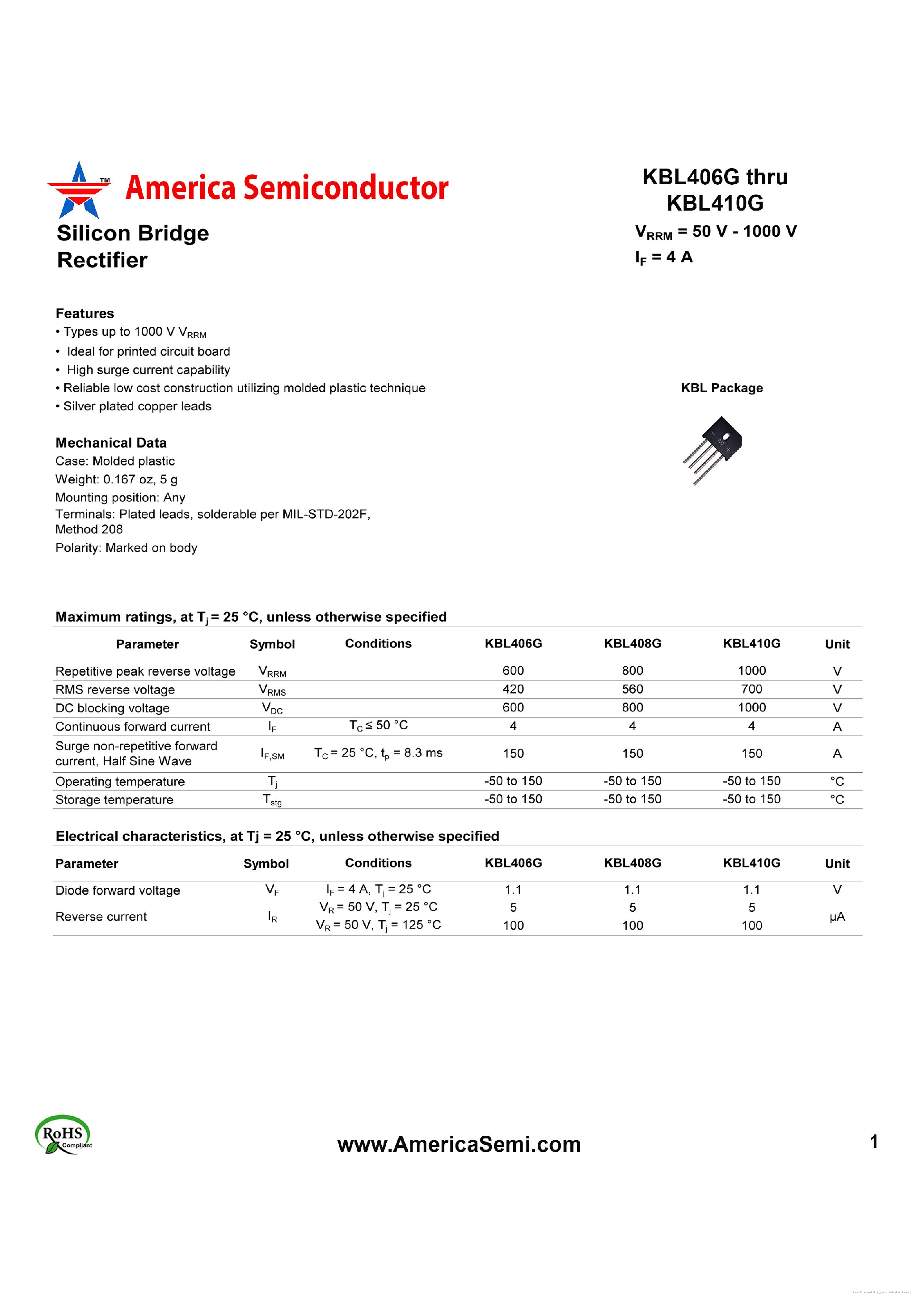 Datasheet KBL406G - page 1