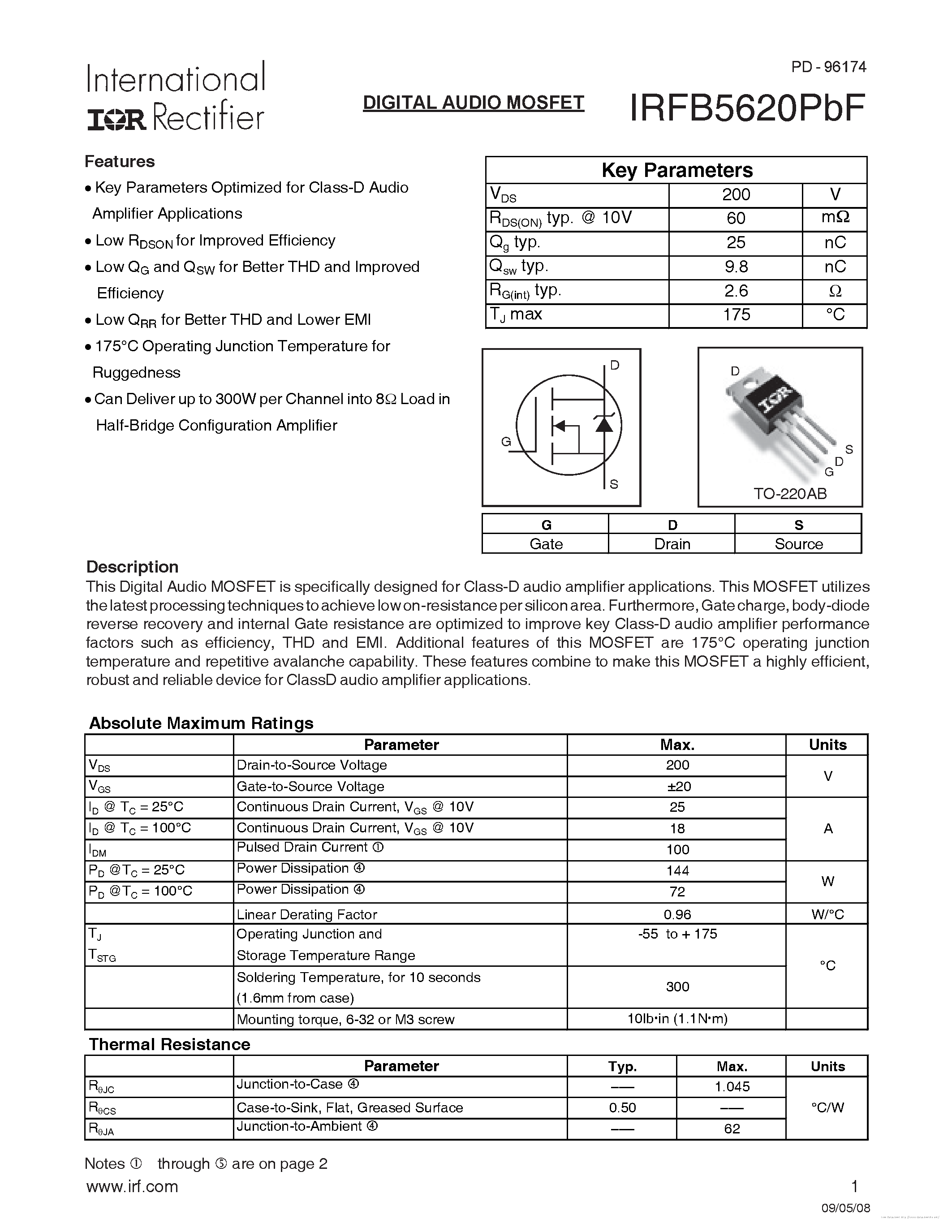 Datasheet IRFB5620PBF - page 1