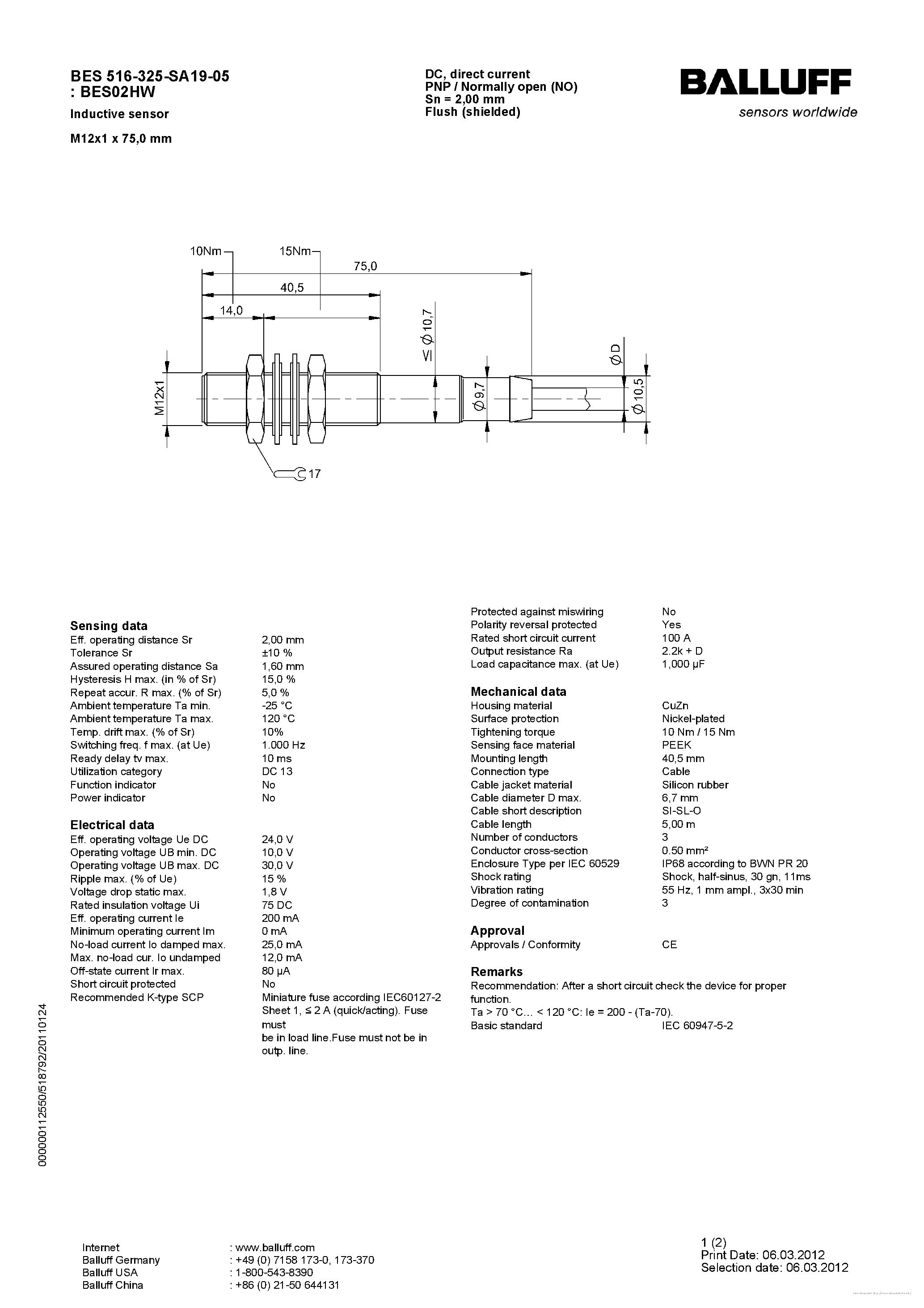 Datasheet BES516-325-SA19-05 - page 1