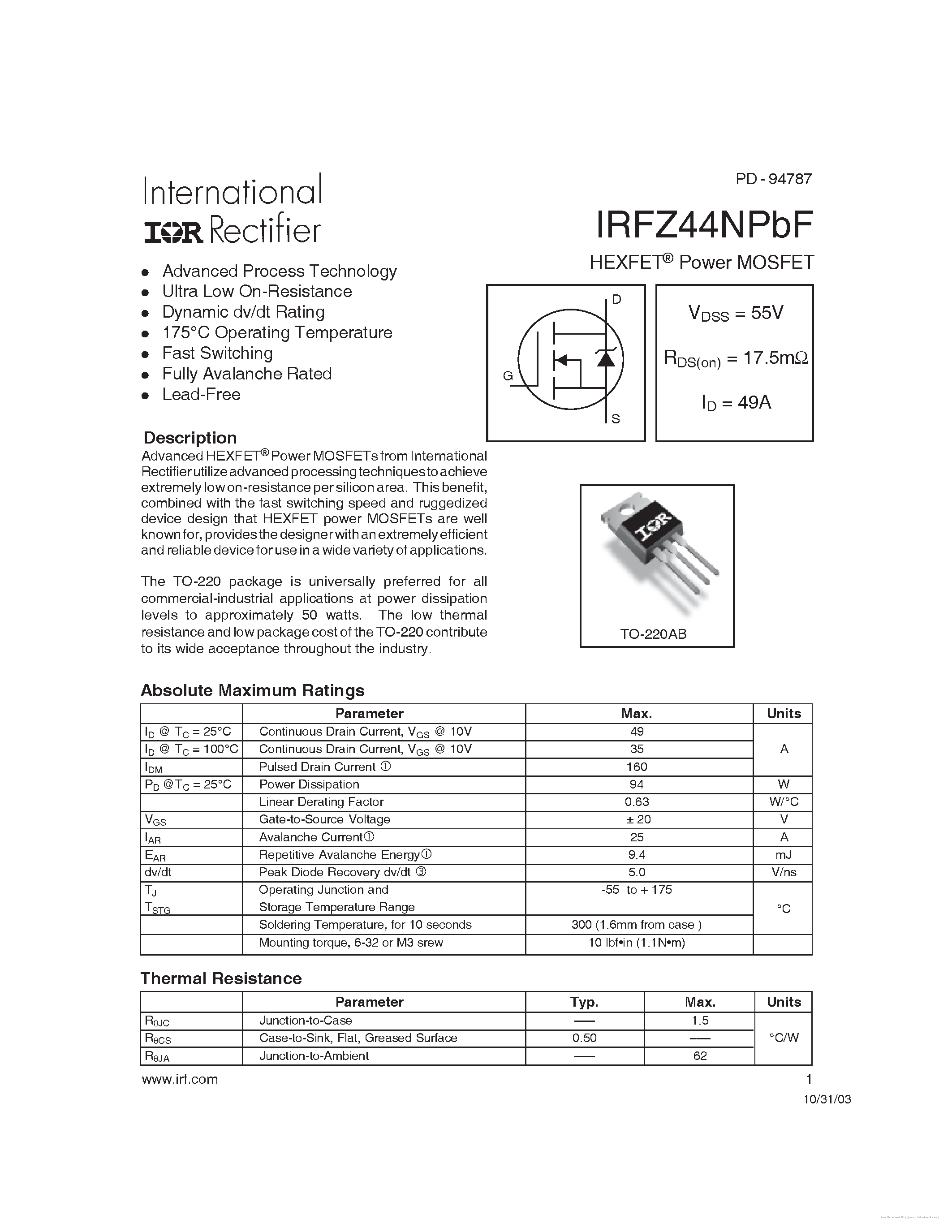 Datasheet IRFZ44NPBF - page 1