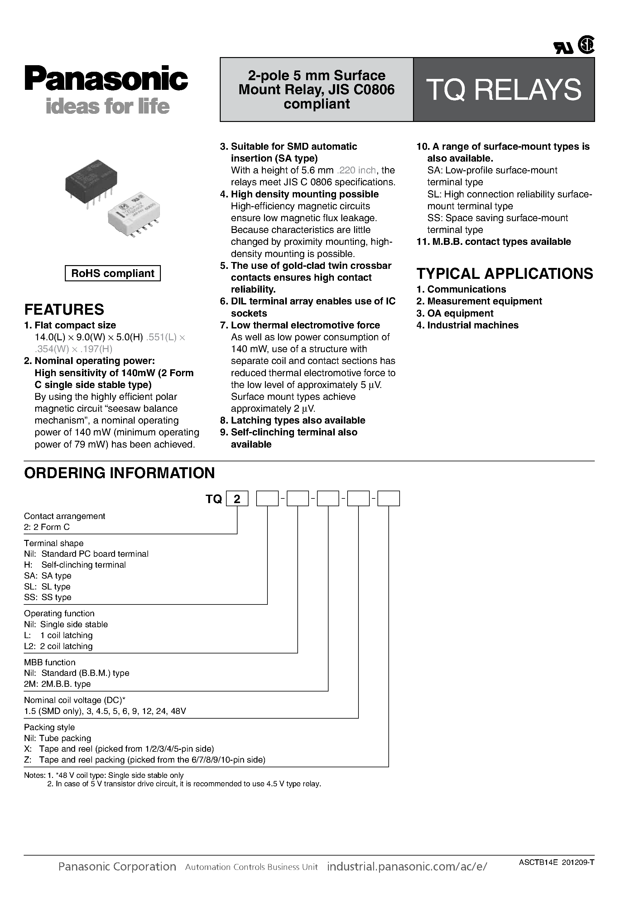 Datasheet TQ2-12V - page 1