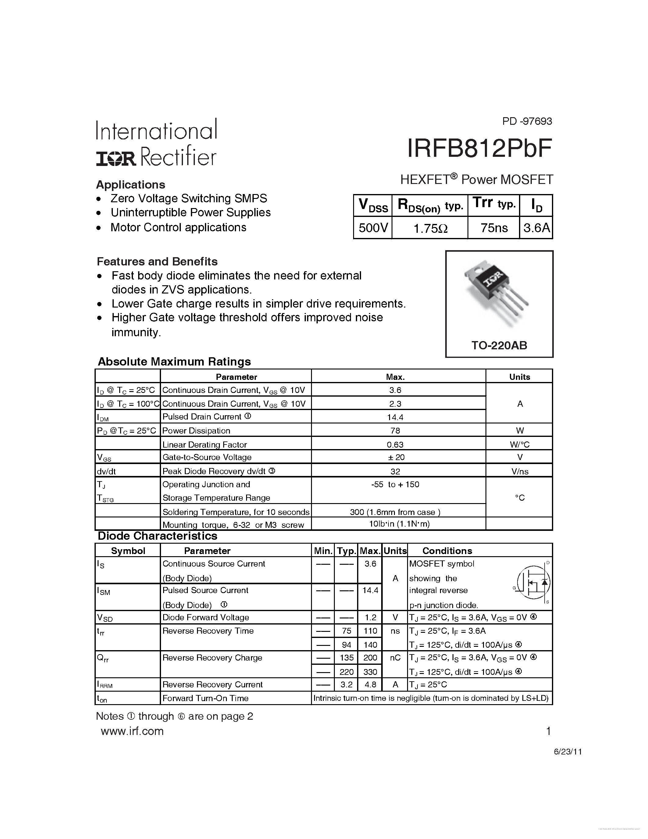 Datasheet IRFB812PBF - page 1