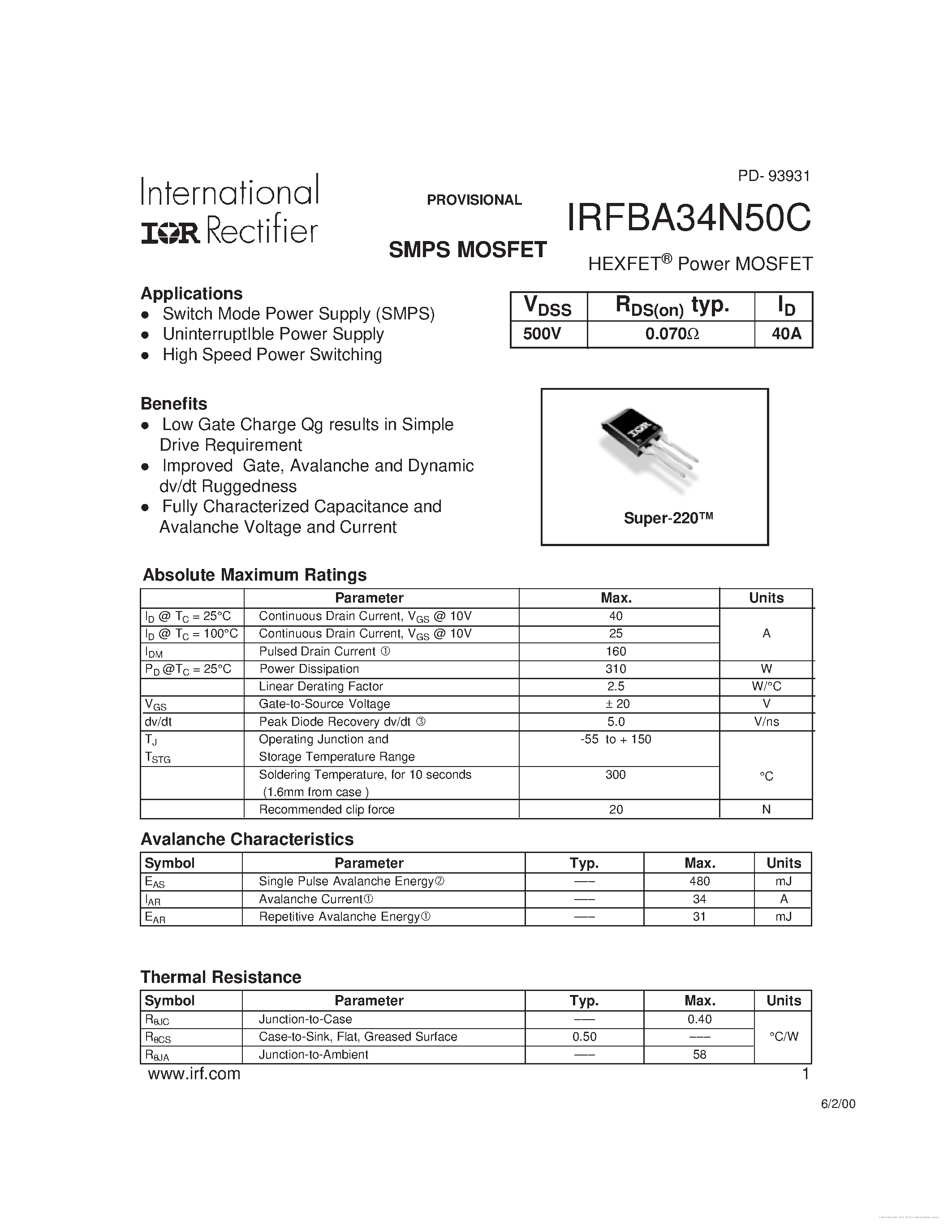 Datasheet IRFBA34N50C - page 1