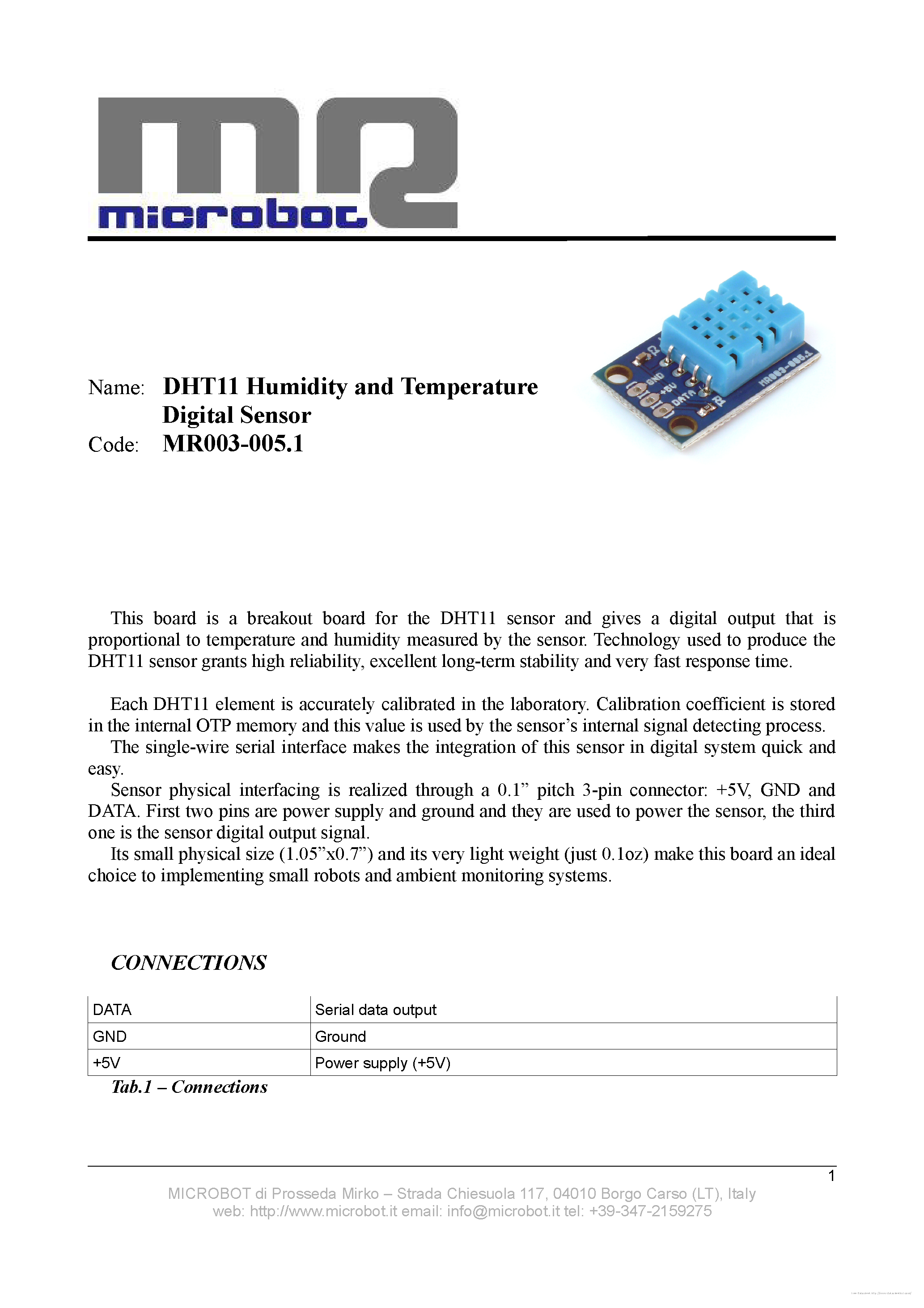 Datasheet DHT11 - page 1