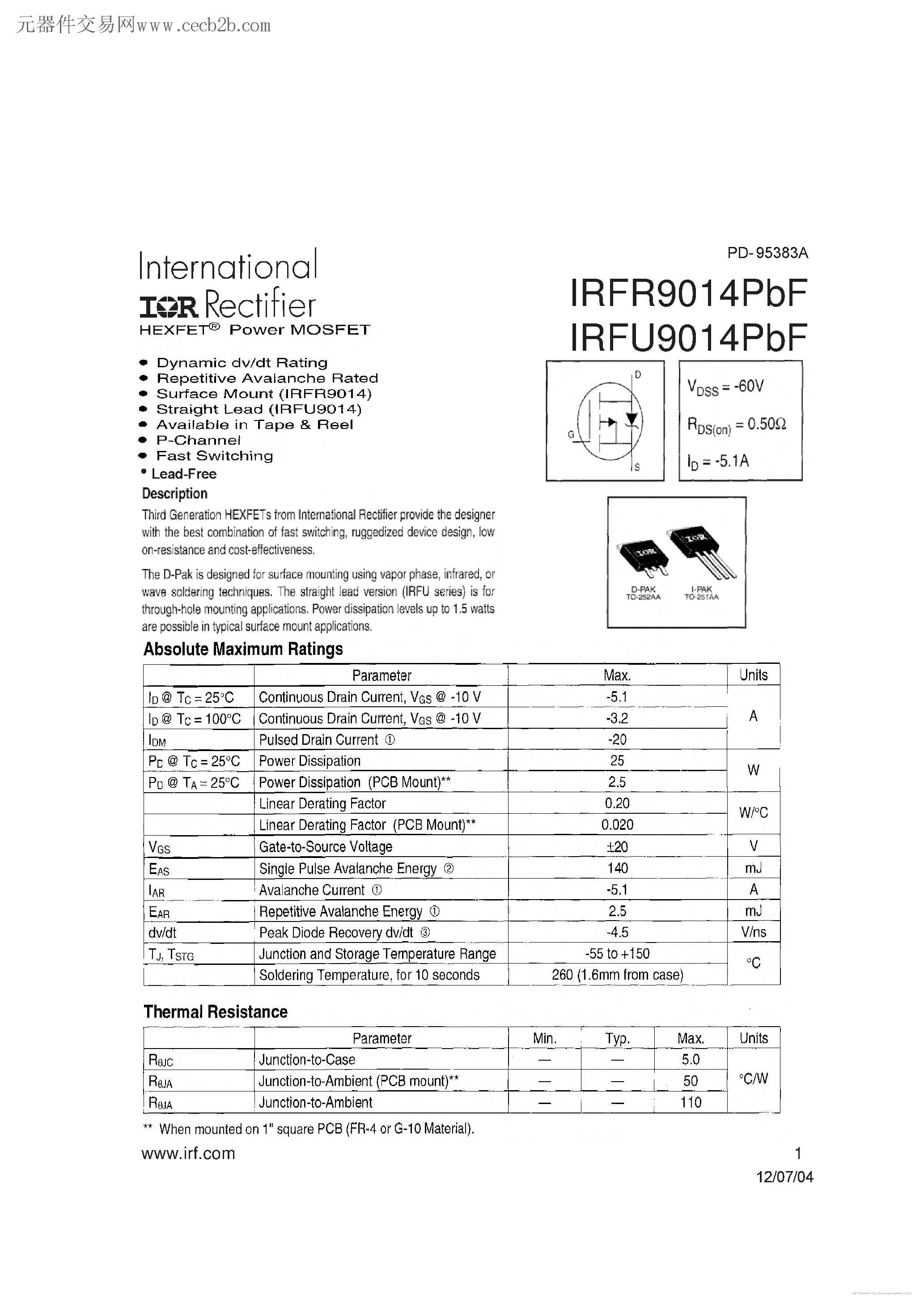 Datasheet IRFR9014PBF - page 1