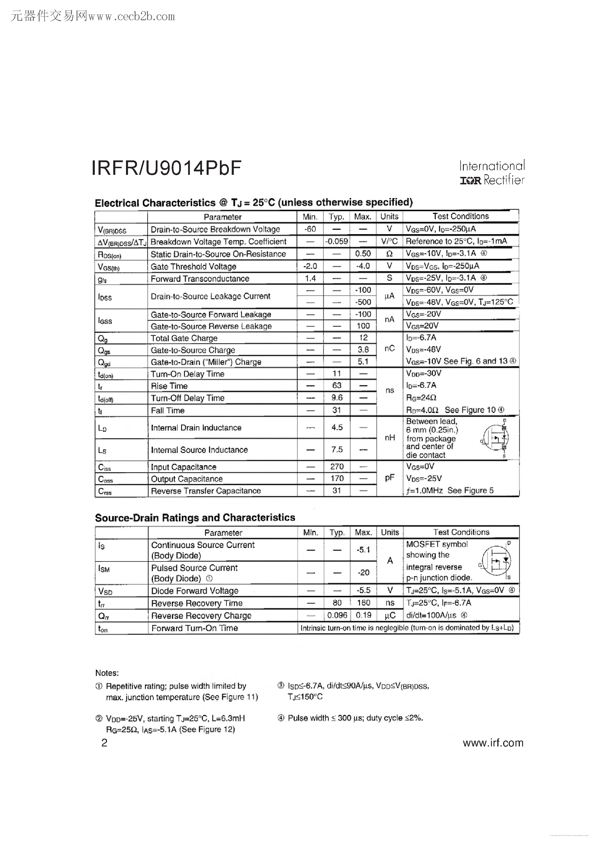 Datasheet IRFR9014PBF - page 2