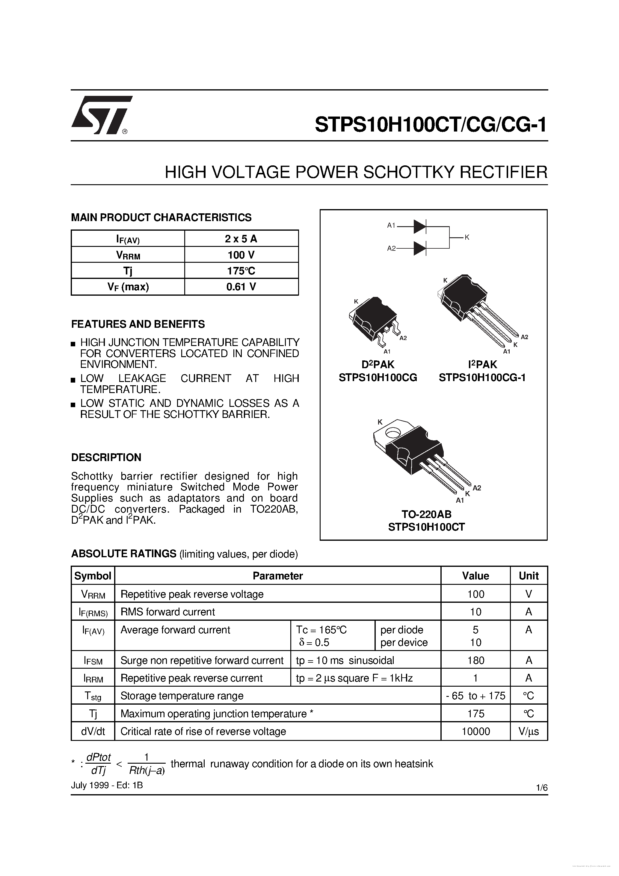 Даташит STPS10H100CG-1 - страница 1