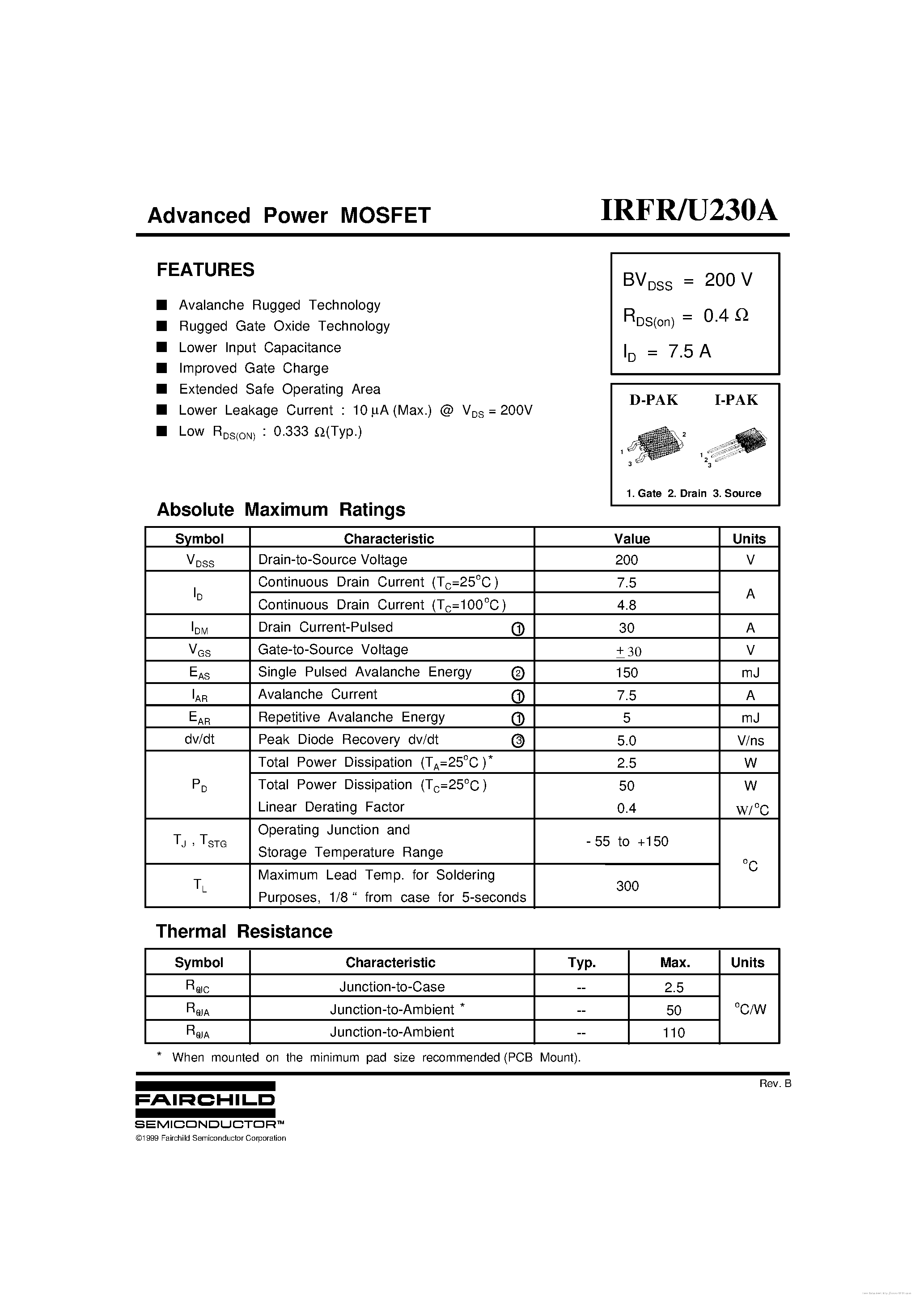 Datasheet IRFR230A - page 1