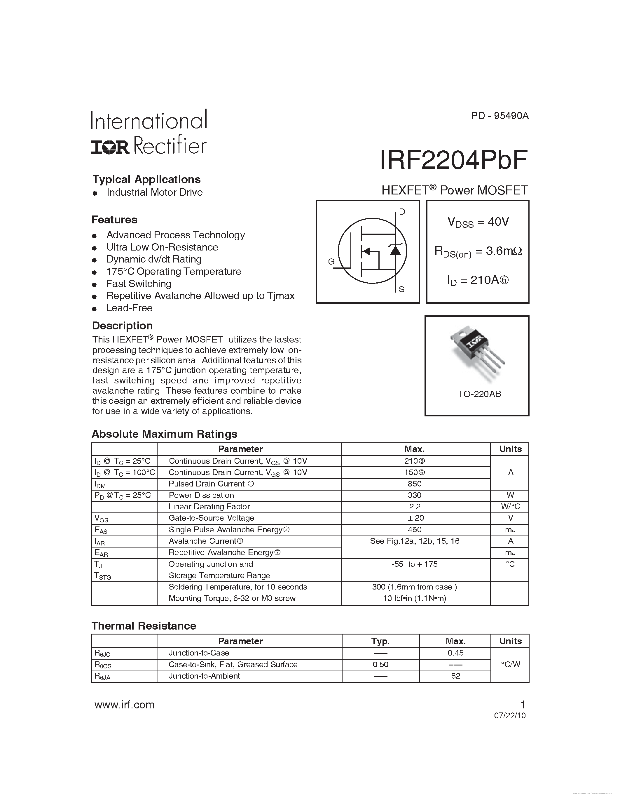 Даташит IRF2204PBF - страница 1