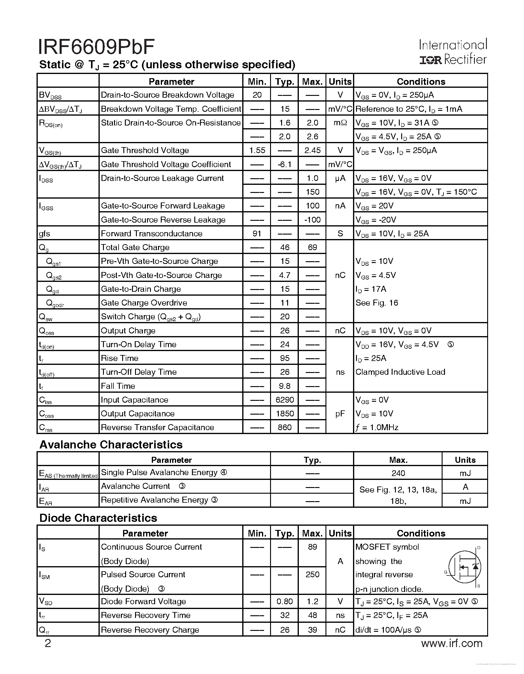 Даташит IRF6609PBF - страница 2