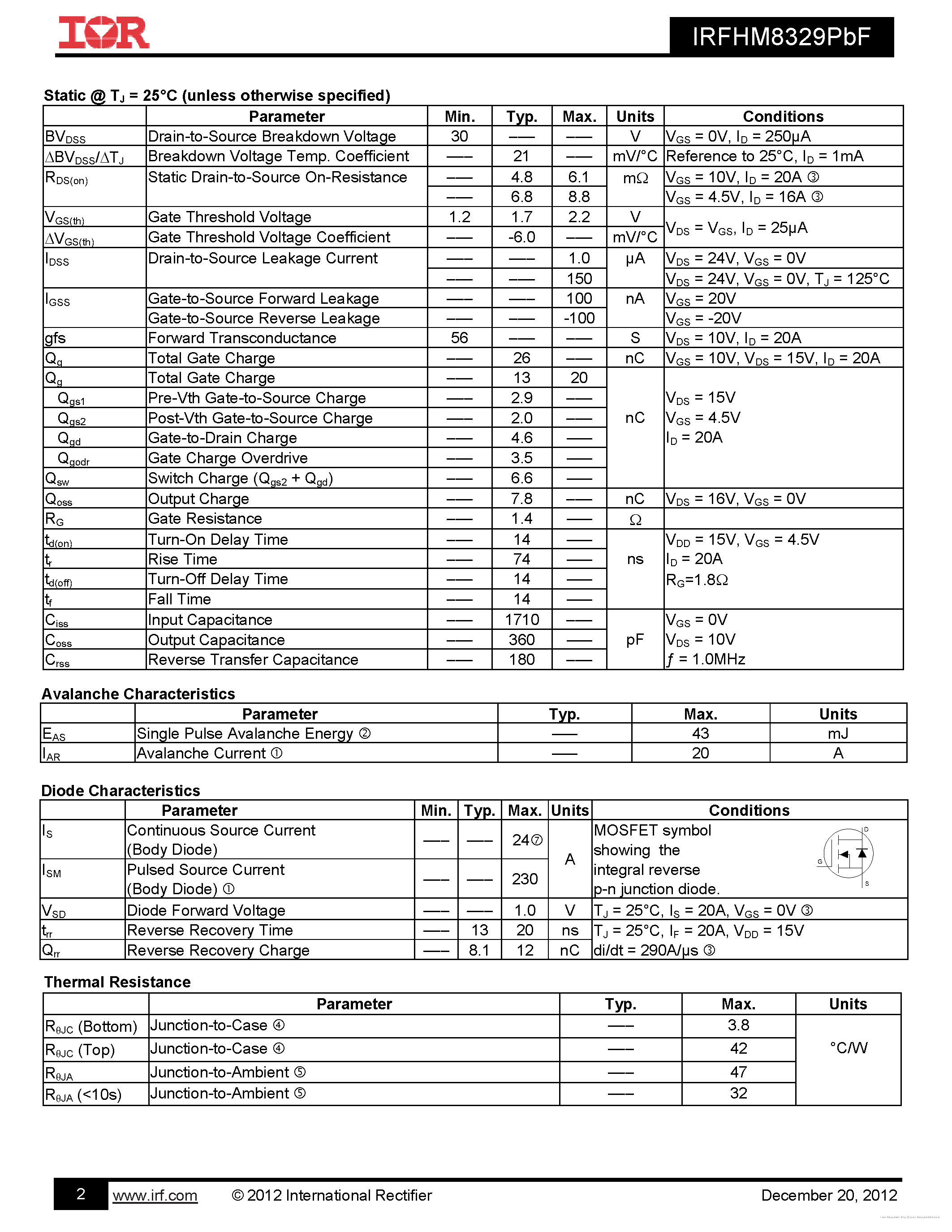 Datasheet IRFHM8329PBF - page 2