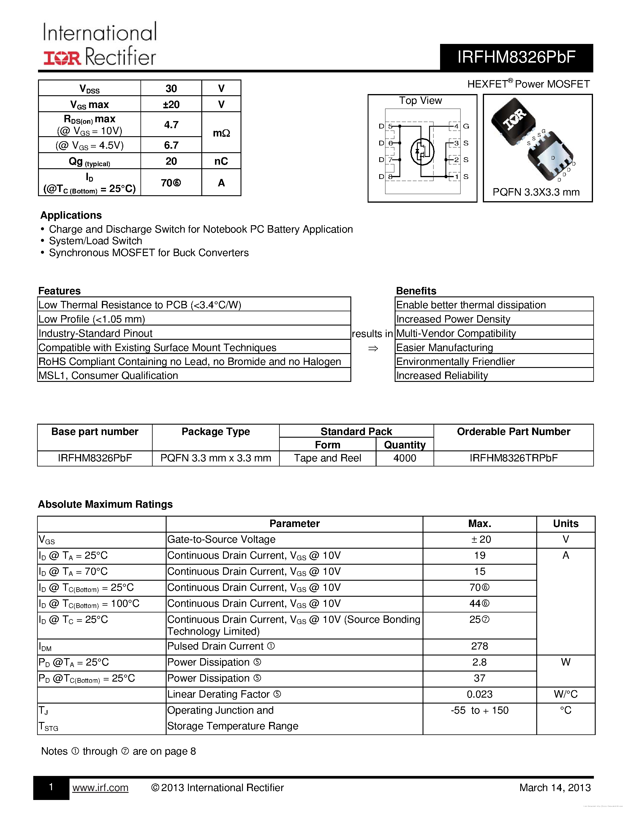 Datasheet IRFHM8326PBF - page 1