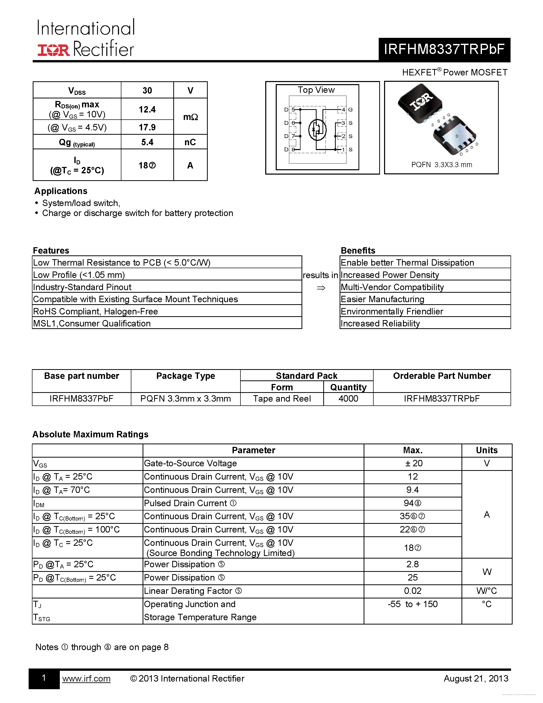 Datasheet IRFHM8337TRPBF - page 1