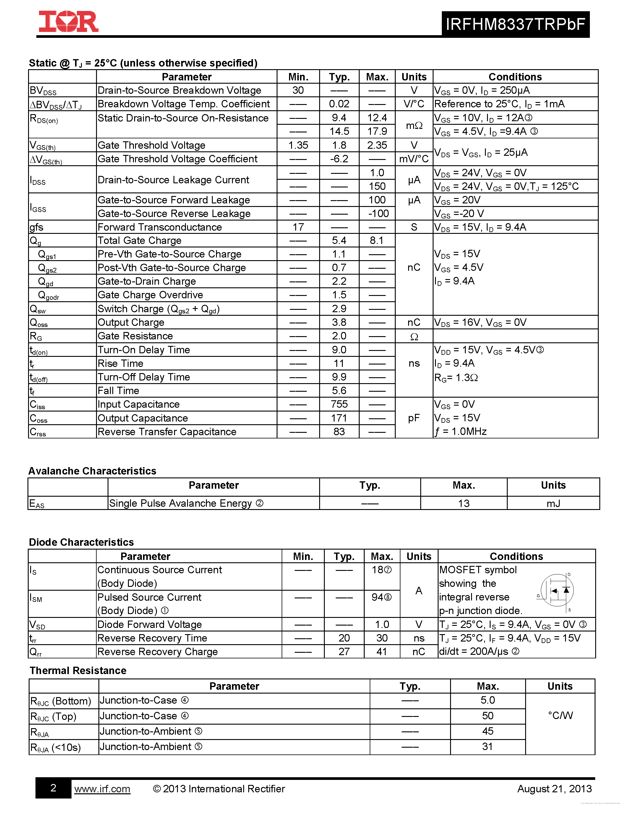 Datasheet IRFHM8337TRPBF - page 2