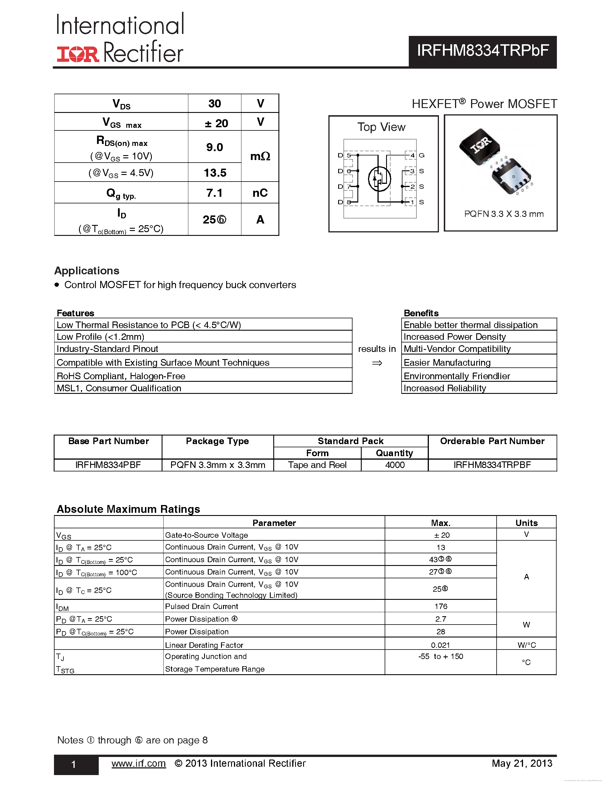 Datasheet IRFHM8334TRPBF - page 1