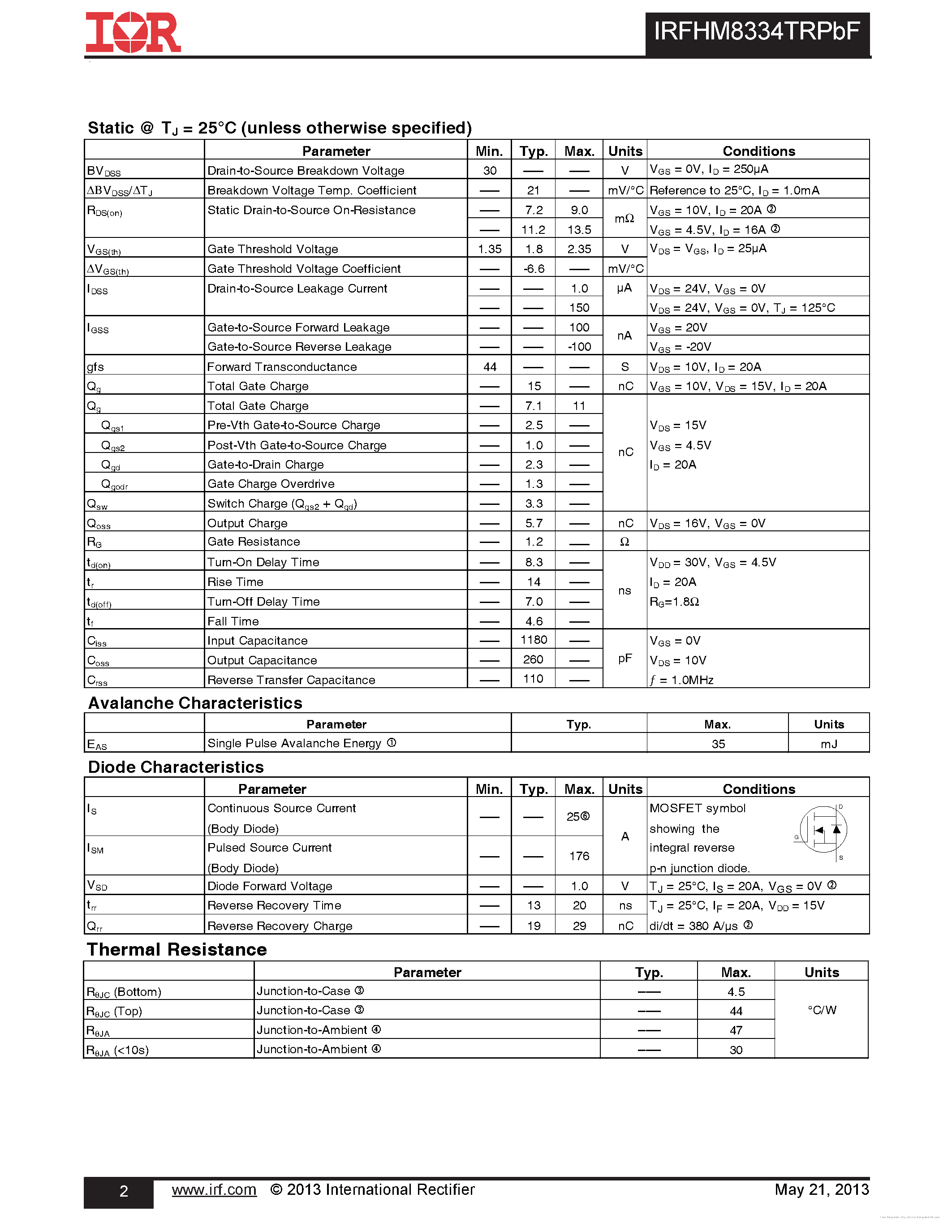 Datasheet IRFHM8334TRPBF - page 2